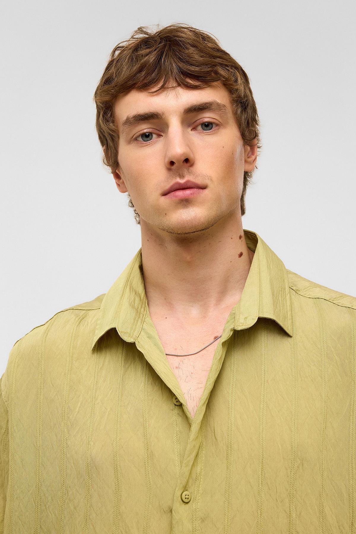 Oversize Çizgili Kısa Kollu Modal Kumaş Gömlek Yeşil