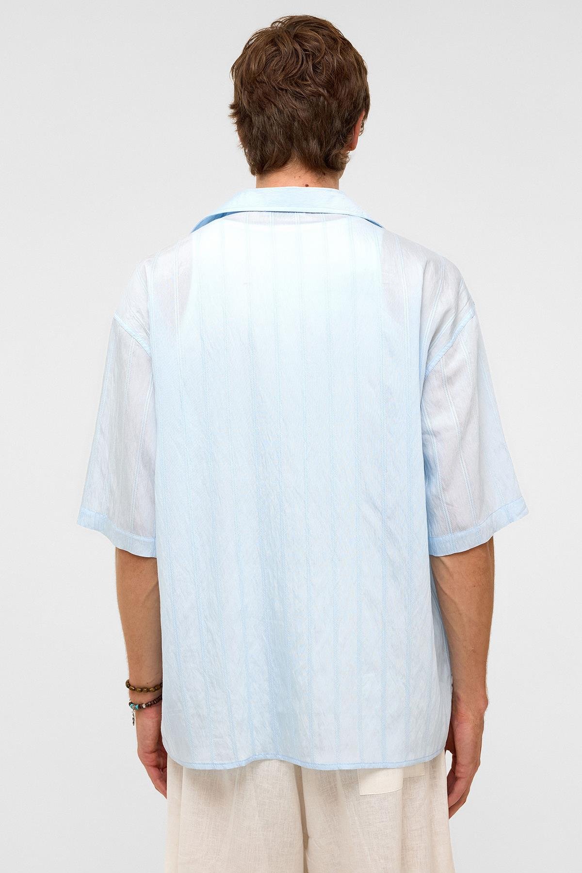 Oversize Çizgili Kısa Kollu Modal Kumaş Gömlek Bebe Mavi