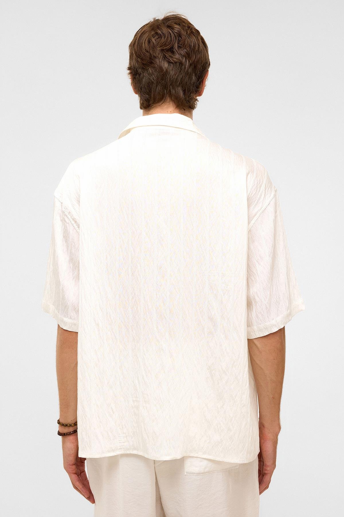 Oversize Çizgili Kısa Kollu Modal Kumaş Gömlek Beyaz