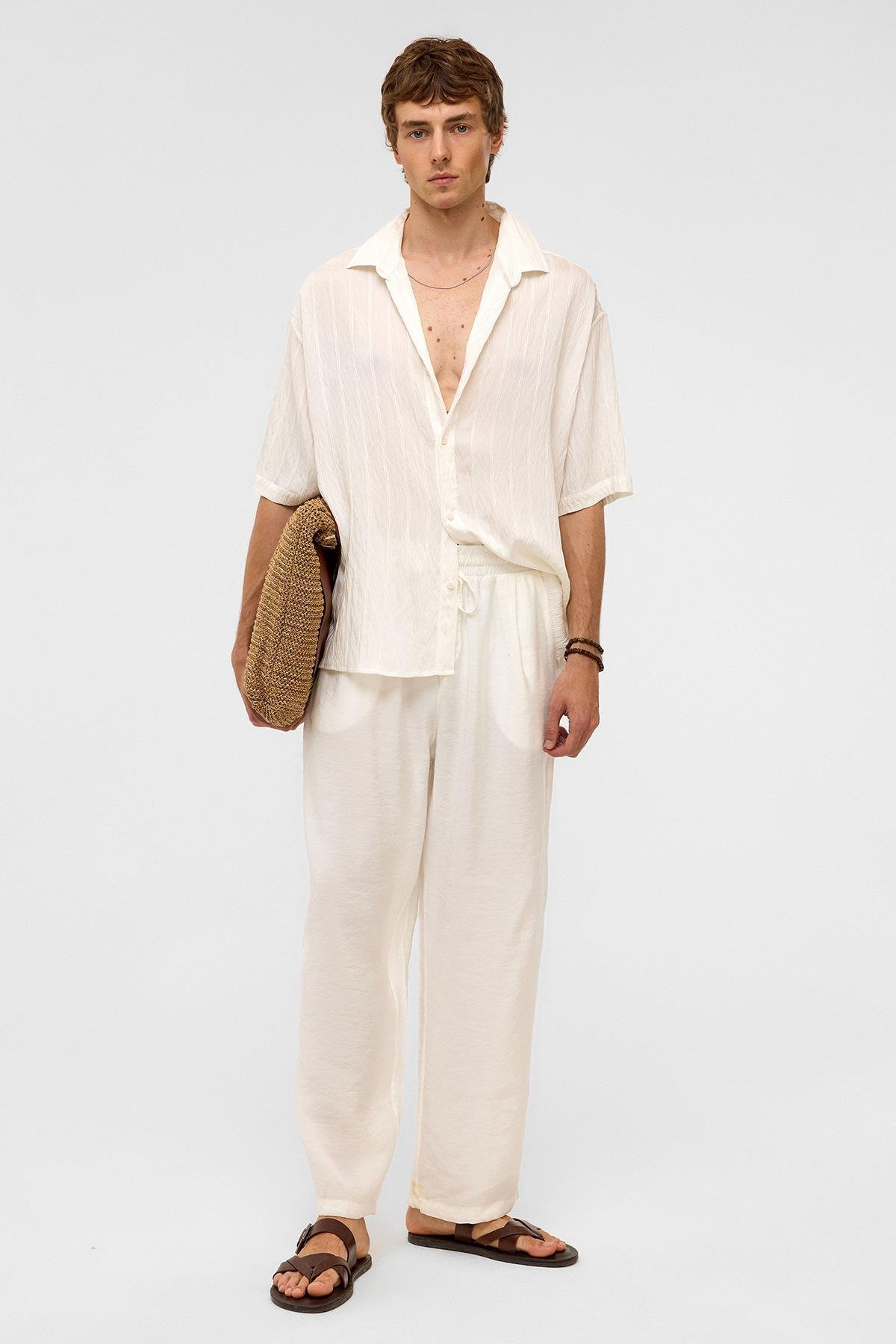 Oversize Çizgili Kısa Kollu Modal Kumaş Gömlek Beyaz