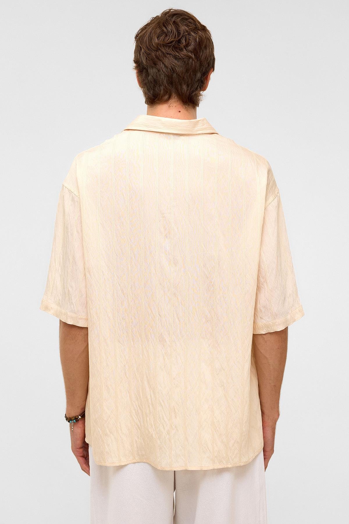 Oversize Çizgili Kısa Kollu Modal Kumaş Gömlek Bej