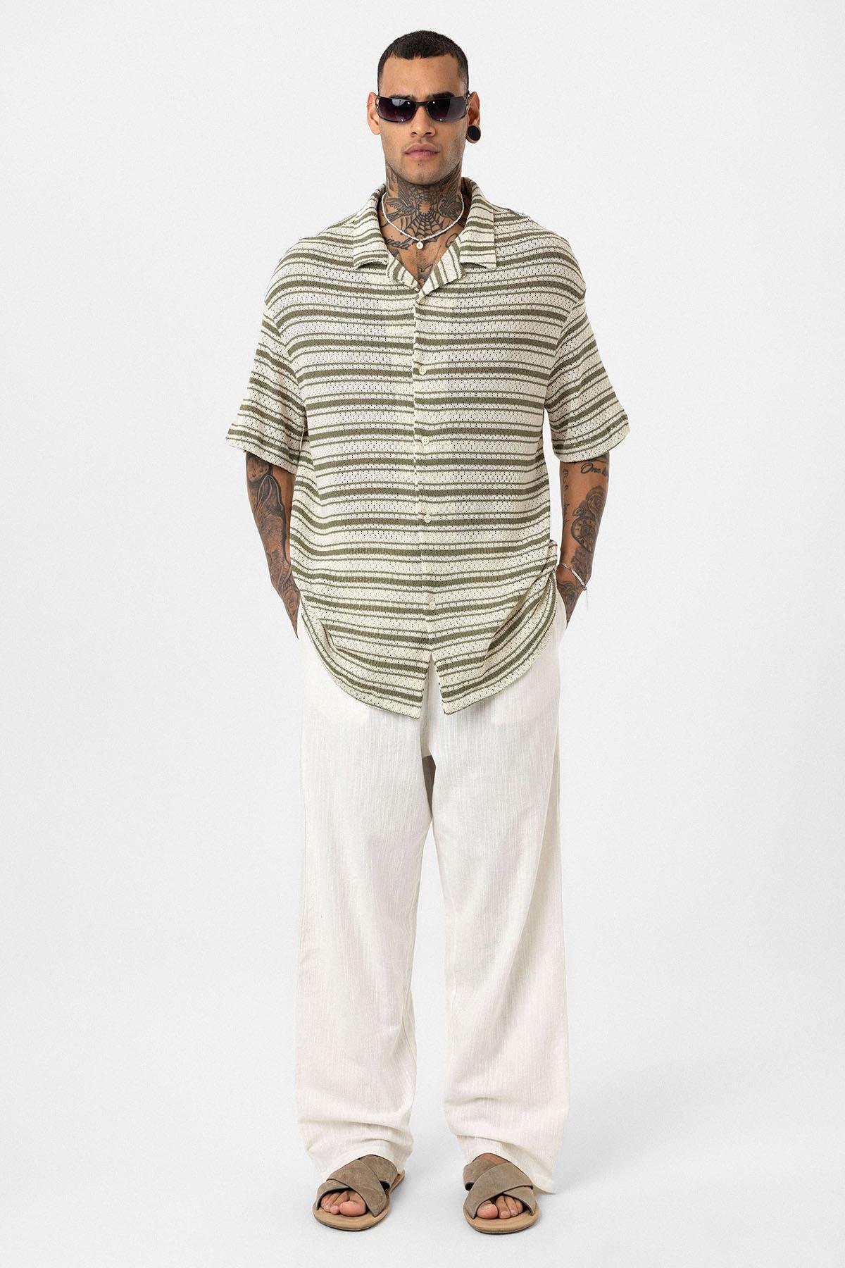 Oversize Çizgili Triko Tişört Haki