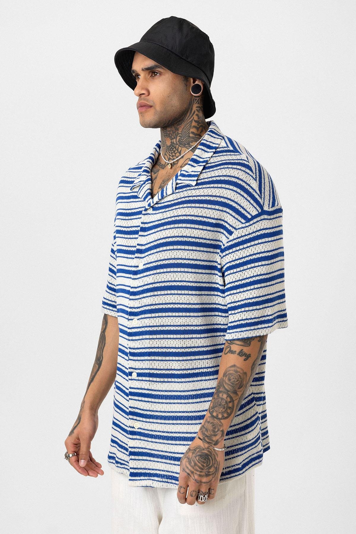 Oversize Çizgili Triko Tişört Saks