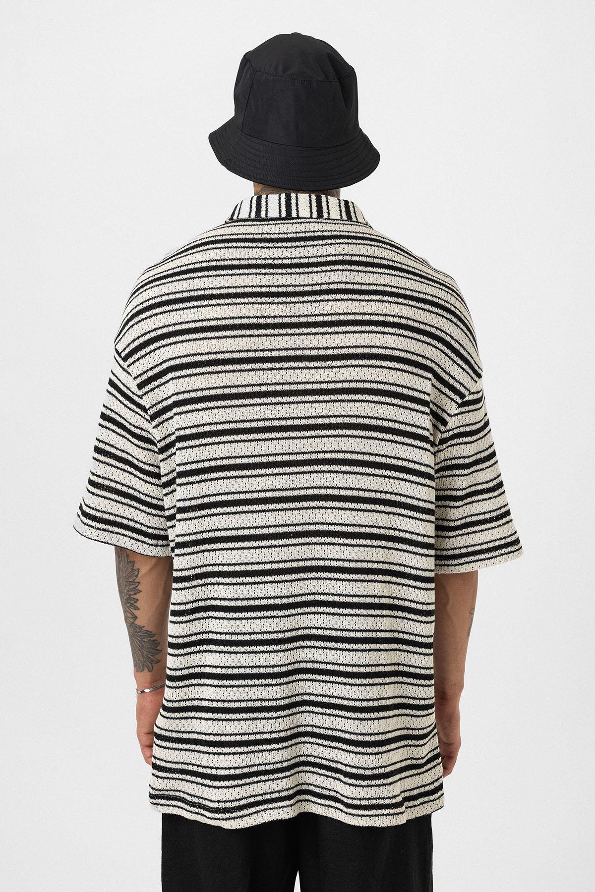 Oversize Çizgili Triko Tişört Siyah