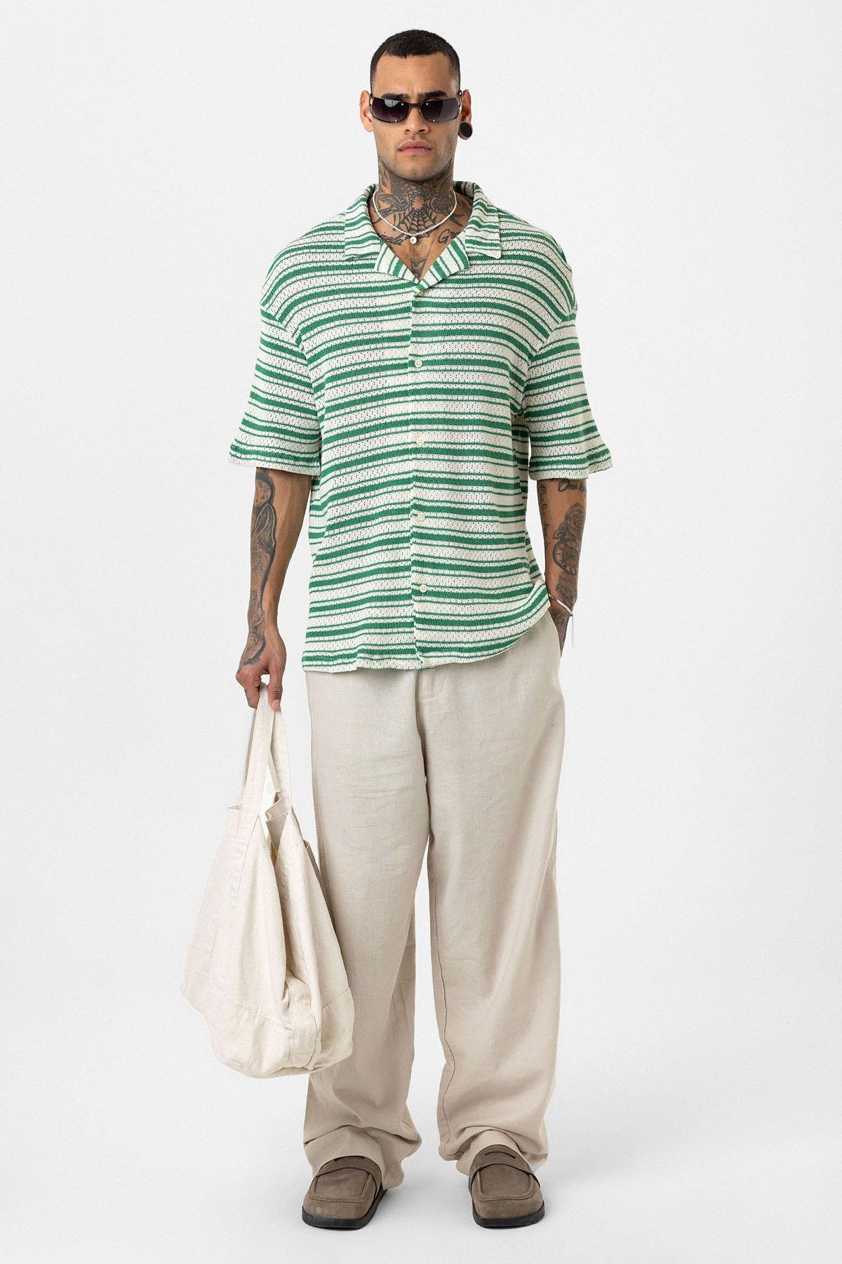 Oversize Çizgili Triko Tişört Yeşil