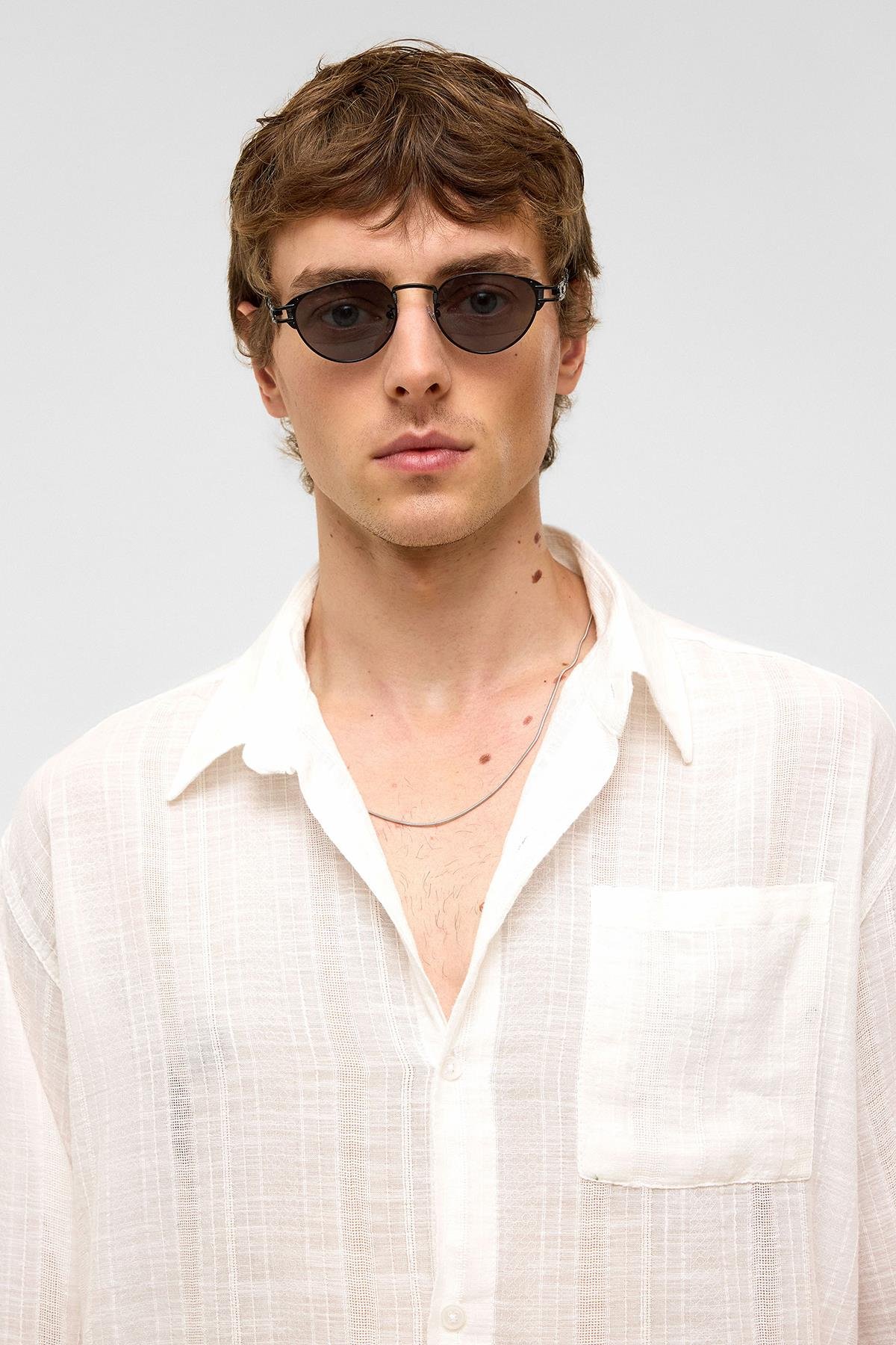 Oversize Çizgili Uzun Kollu Keten Gömlek Ekru