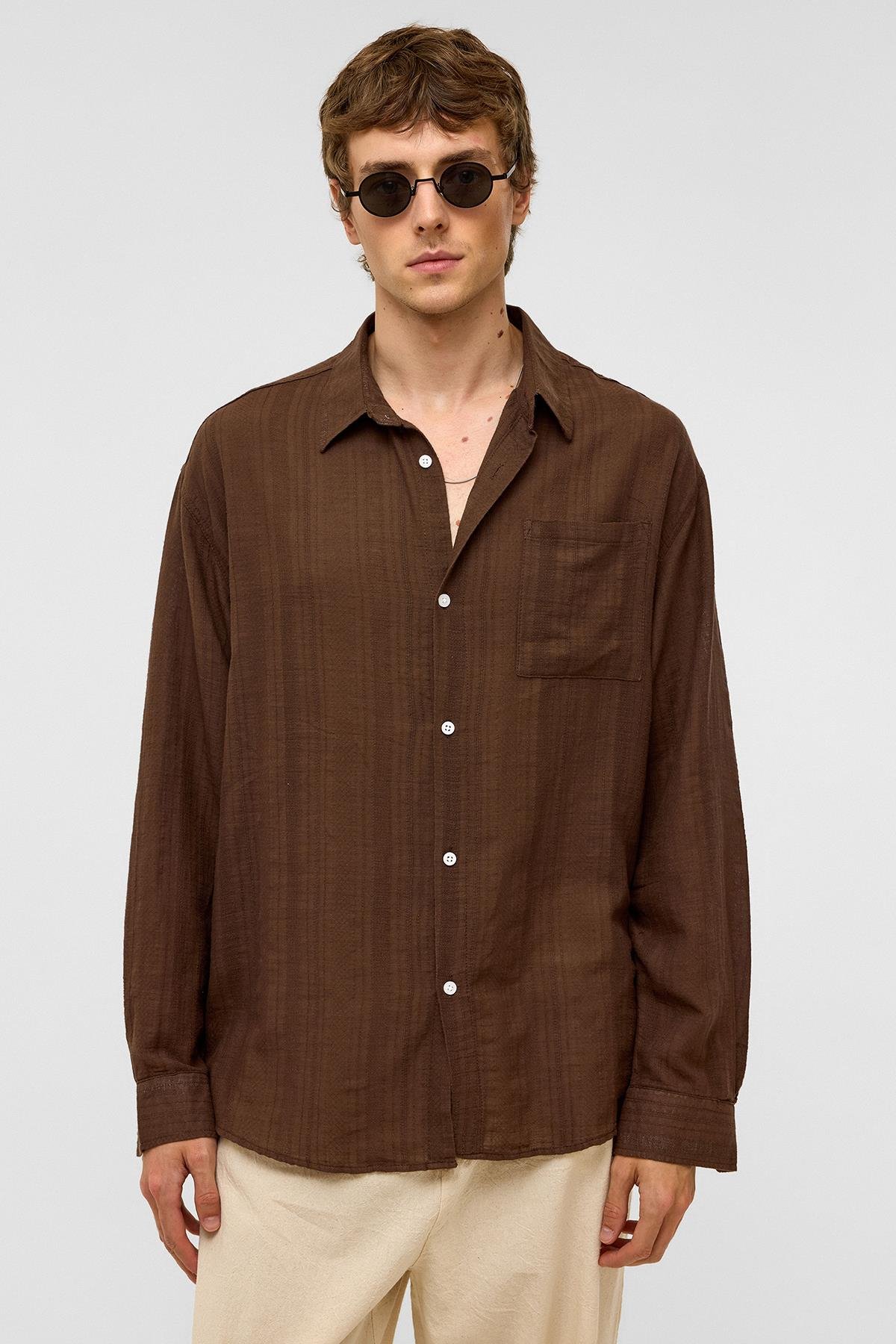 Oversize Çizgili Uzun Kollu Keten Gömlek Kahve
