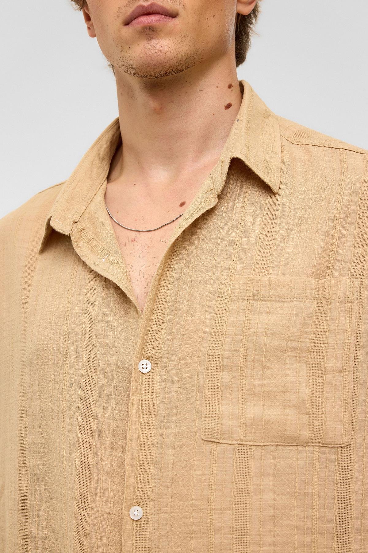 Oversize Çizgili Uzun Kollu Keten Gömlek Vizon