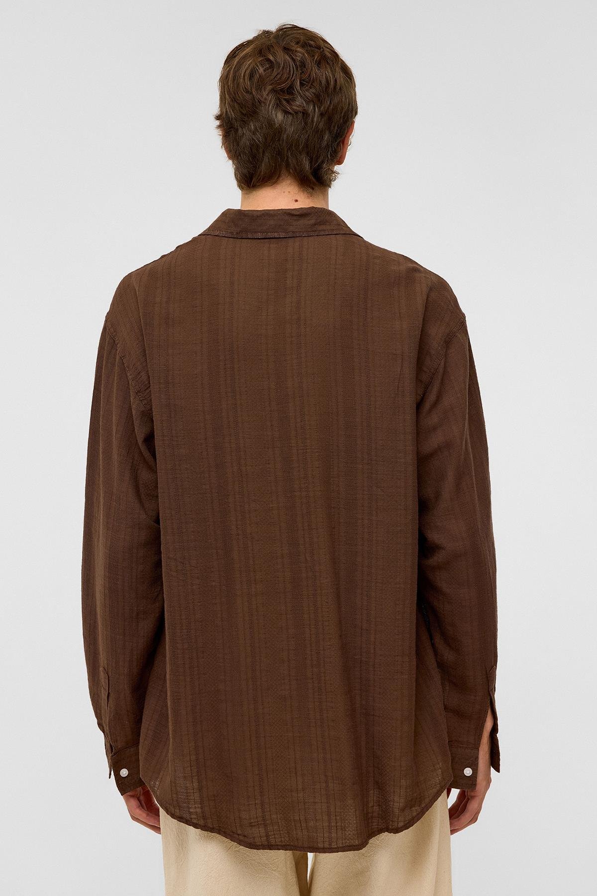 Oversize Çizgili Uzun Kollu Keten Gömlek Kahve