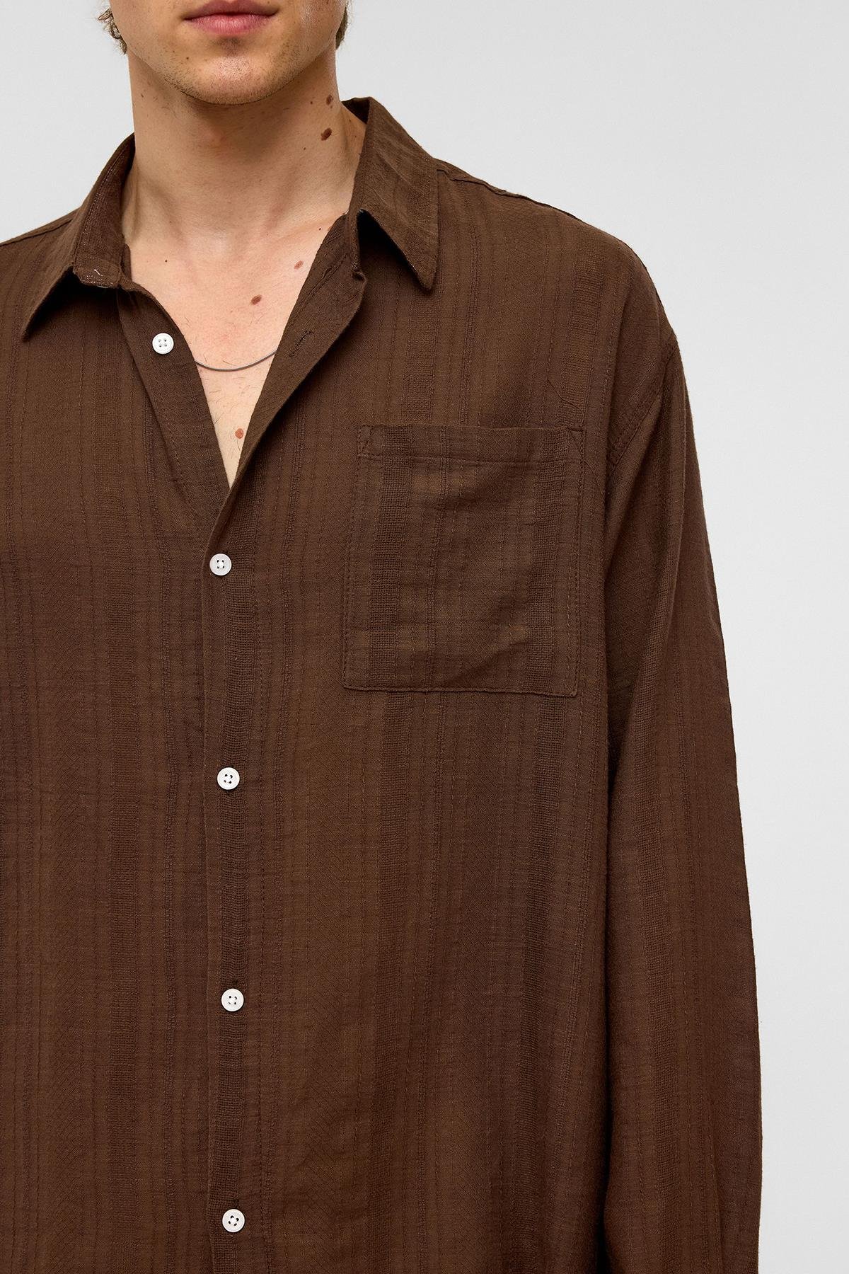 Oversize Çizgili Uzun Kollu Keten Gömlek Kahve