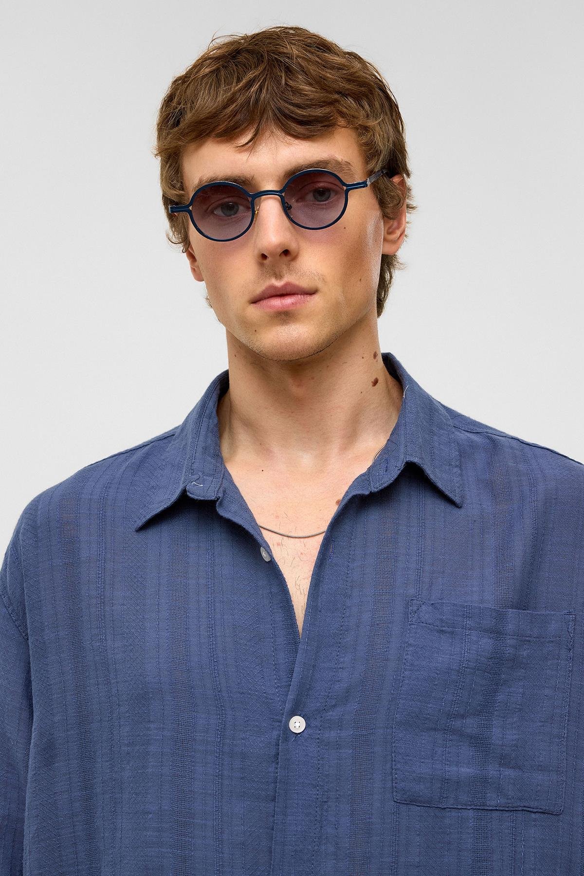 Oversize Çizgili Uzun Kollu Keten Gömlek Lacivert