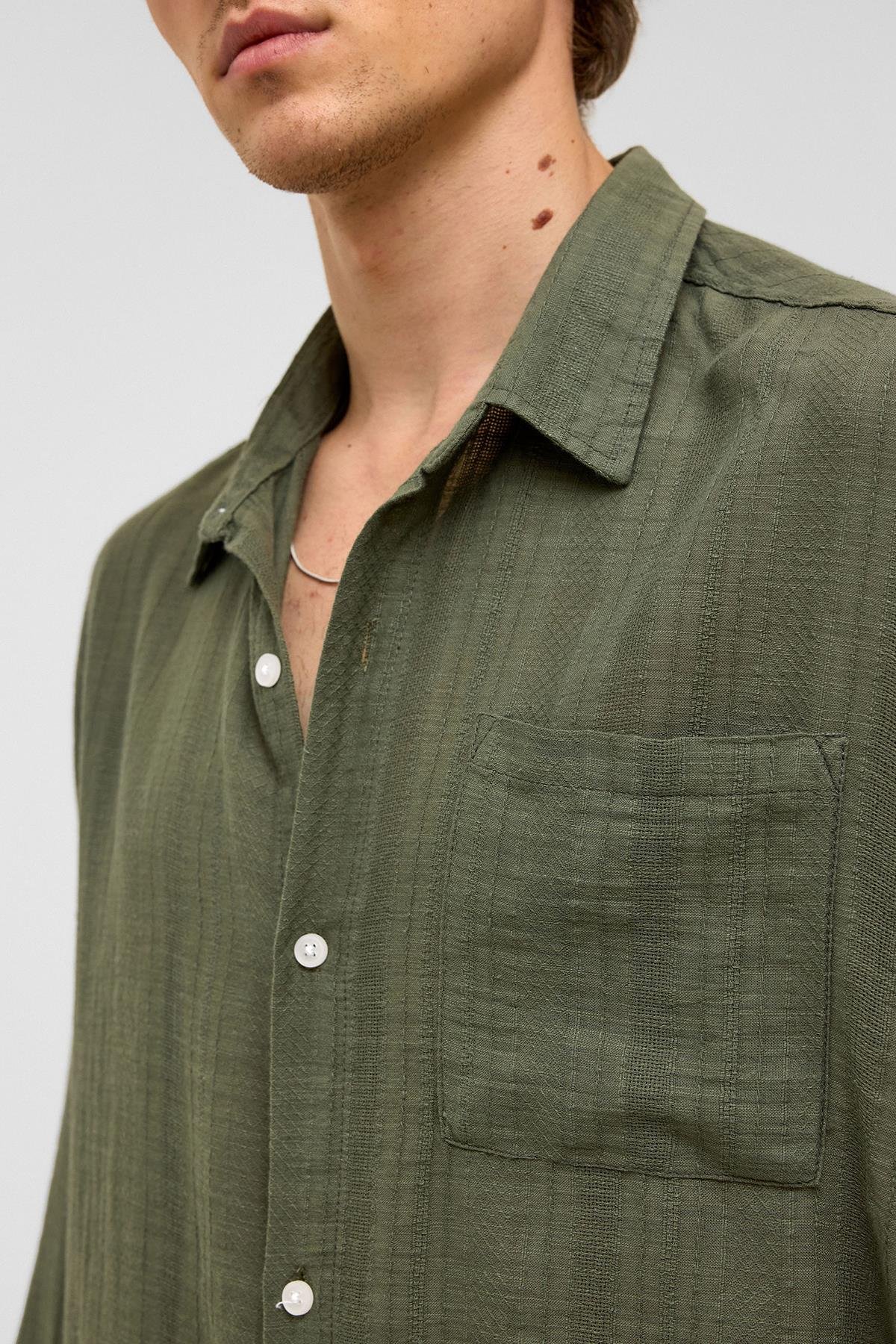 Oversize Çizgili Uzun Kollu Keten Gömlek Haki