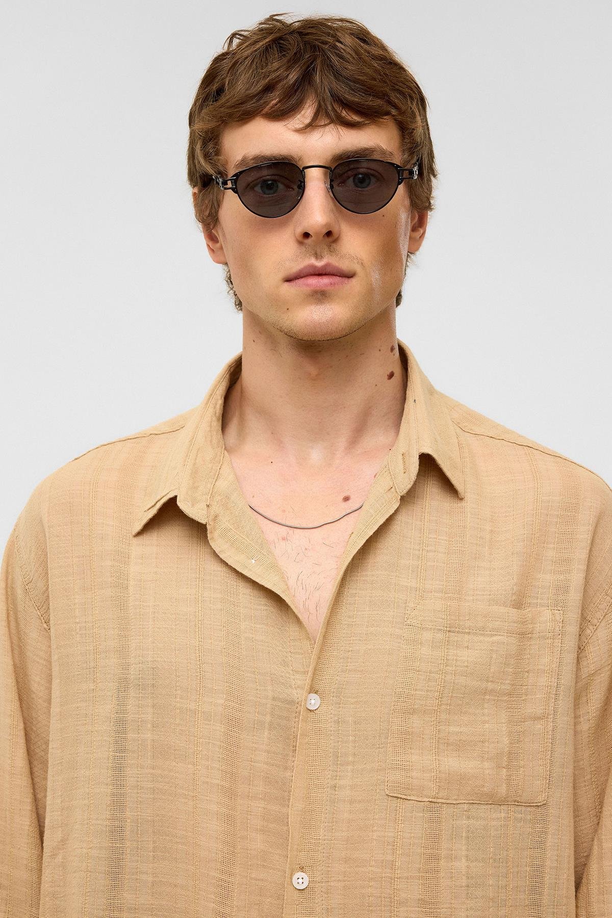 Oversize Çizgili Uzun Kollu Keten Gömlek Vizon