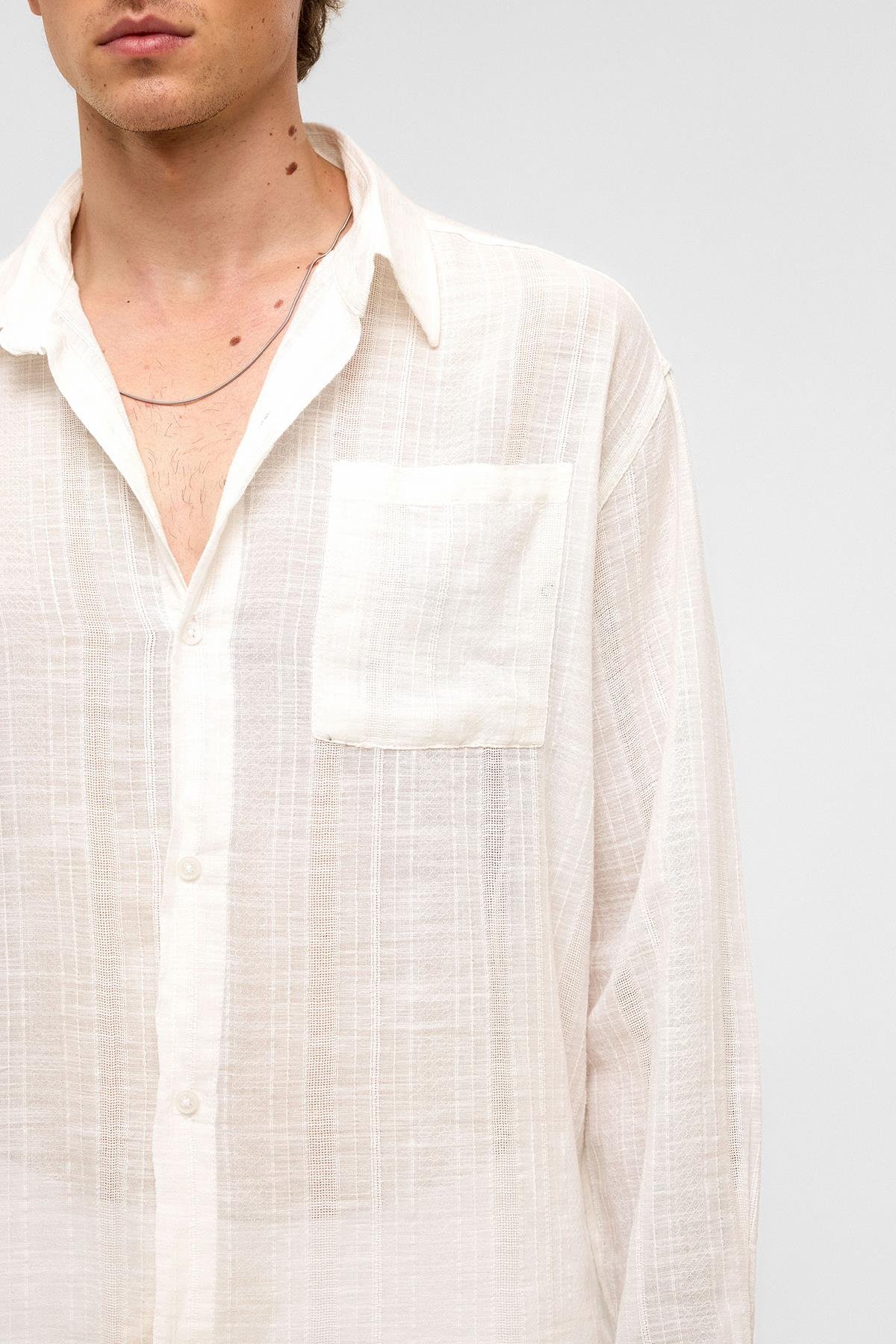 Oversize Çizgili Uzun Kollu Keten Gömlek Ekru