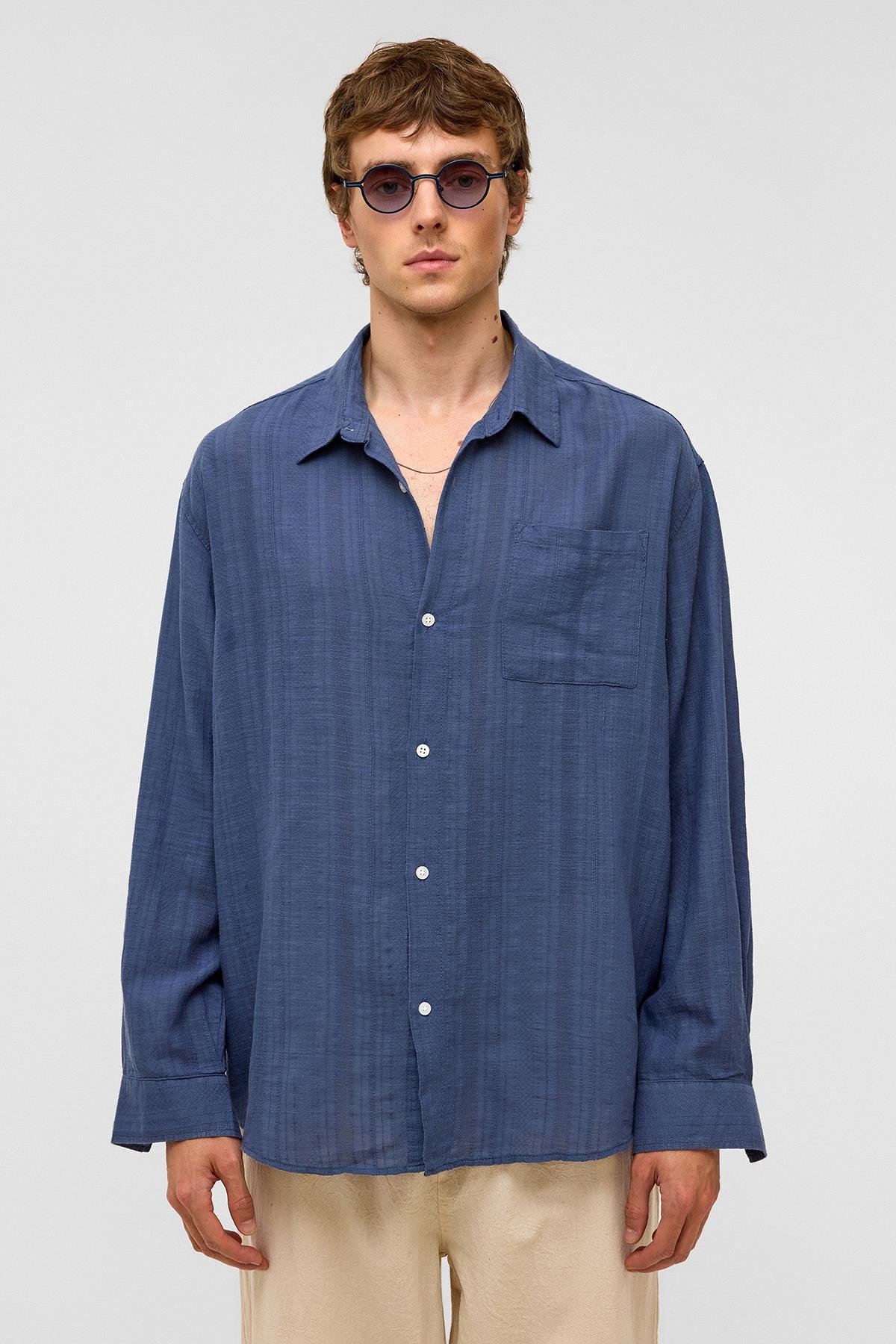 Oversize Çizgili Uzun Kollu Keten Gömlek Lacivert