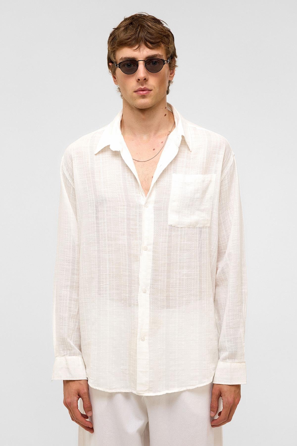 Oversize Çizgili Uzun Kollu Keten Gömlek Ekru