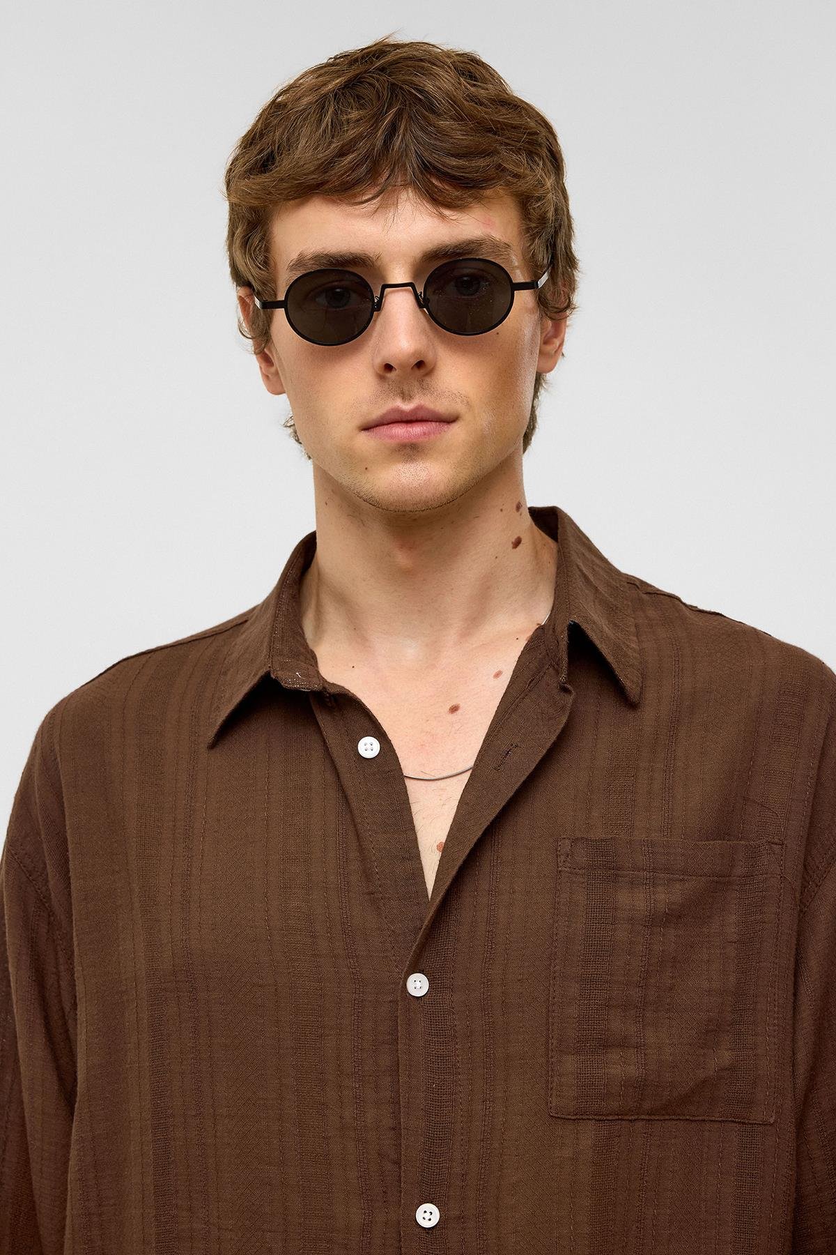 Oversize Çizgili Uzun Kollu Keten Gömlek Kahve