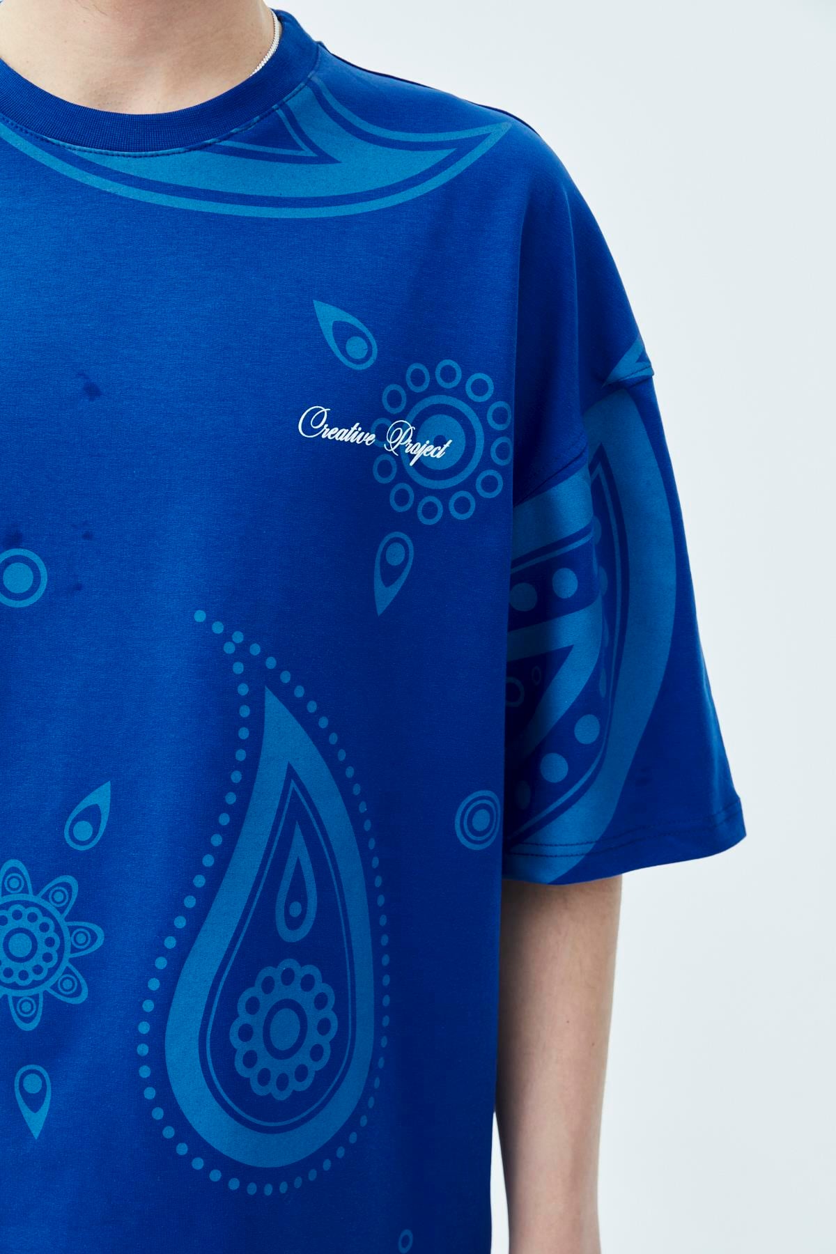 Oversize Desenli Şort Tişört Takım Saks