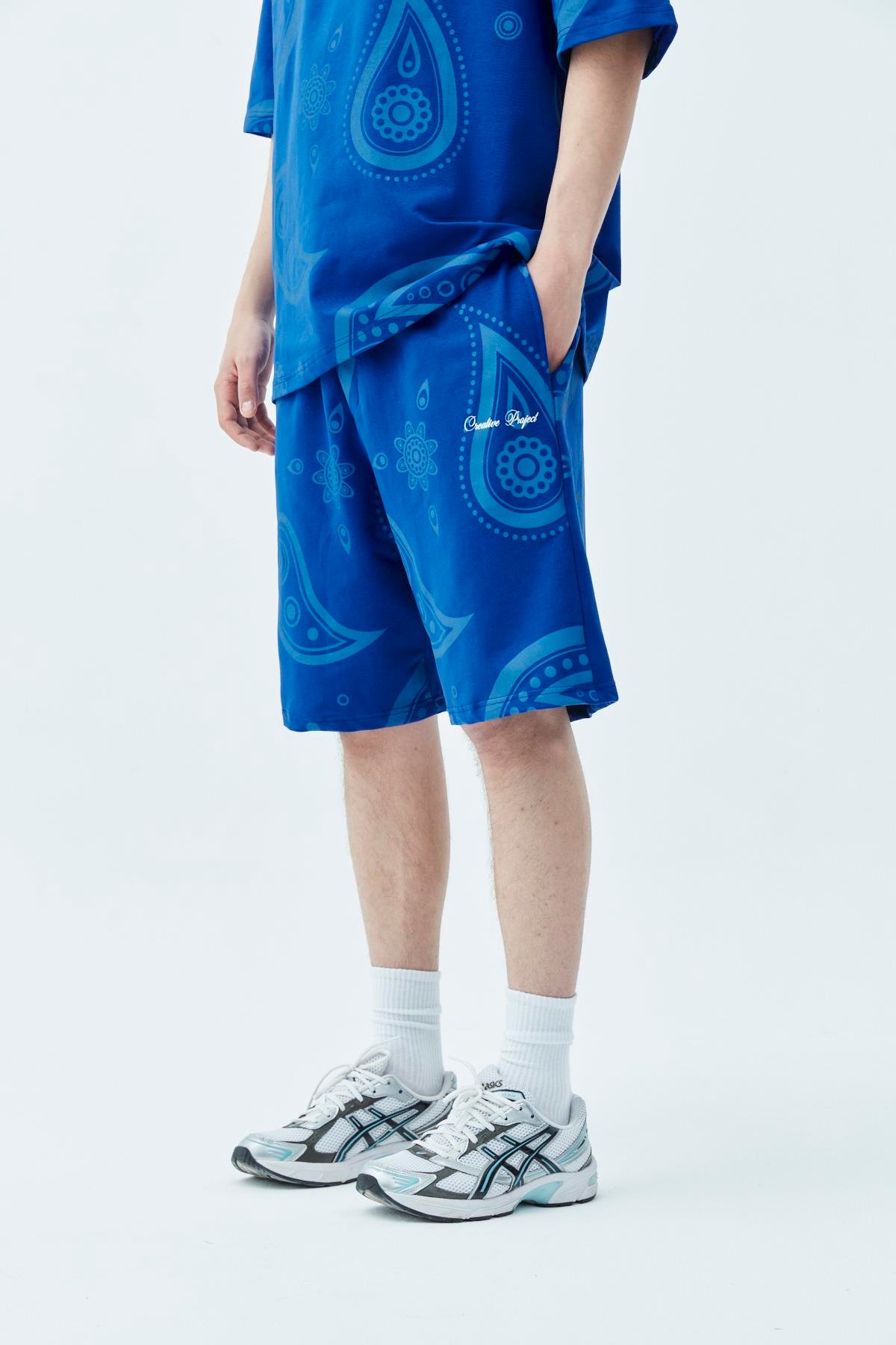 Oversize Desenli Şort Tişört Takım Saks