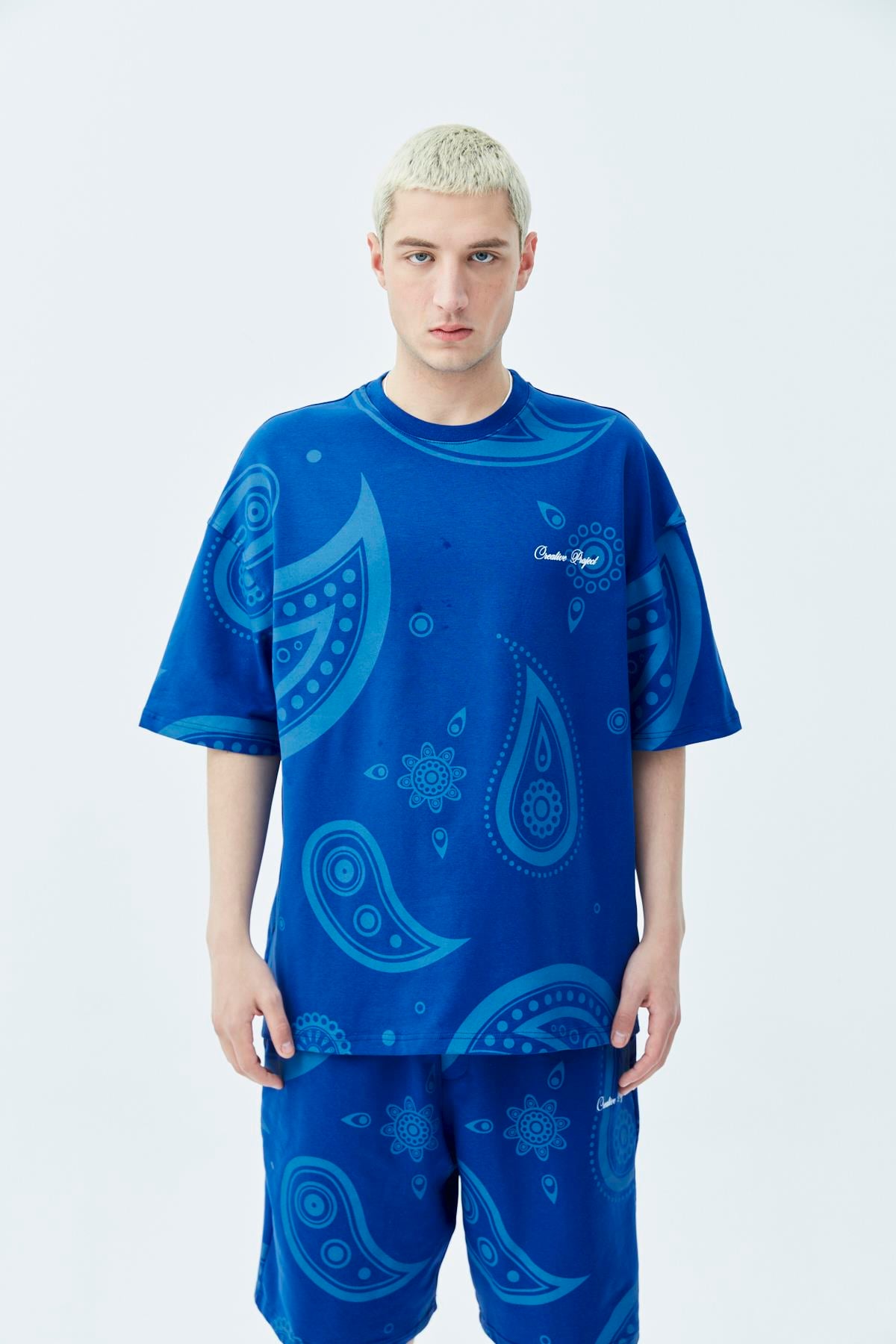 Oversize Desenli Şort Tişört Takım Saks