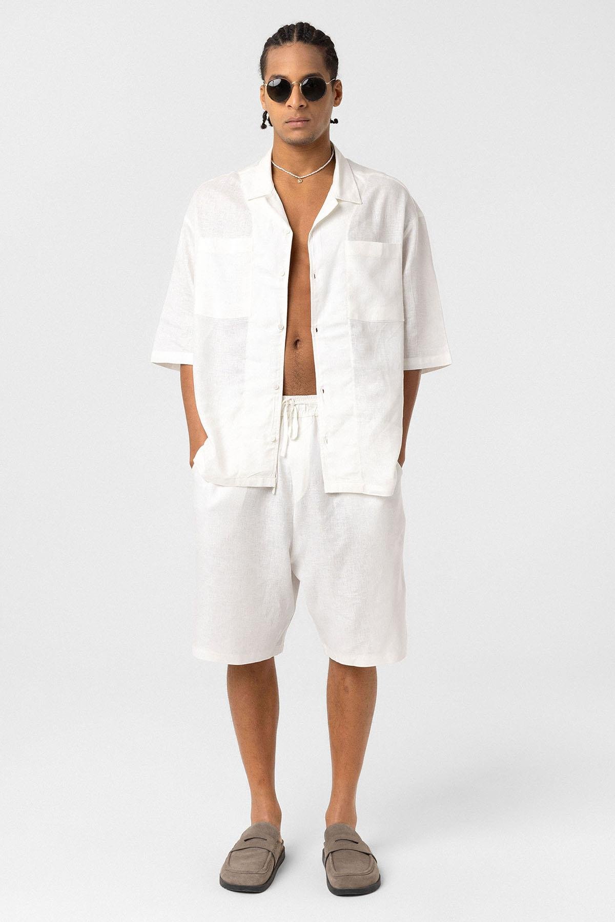 Oversize Keten Şort Ekru