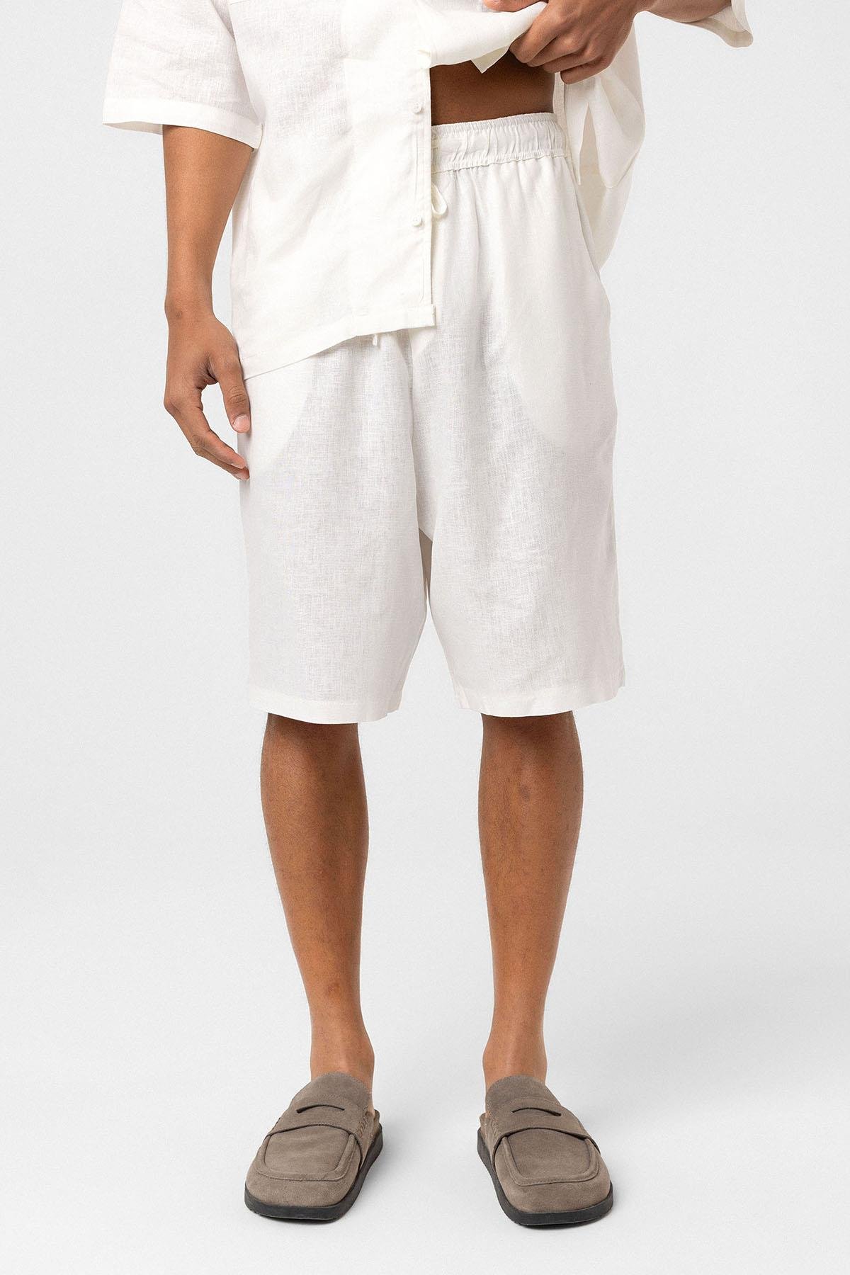 Oversize Keten Şort Ekru