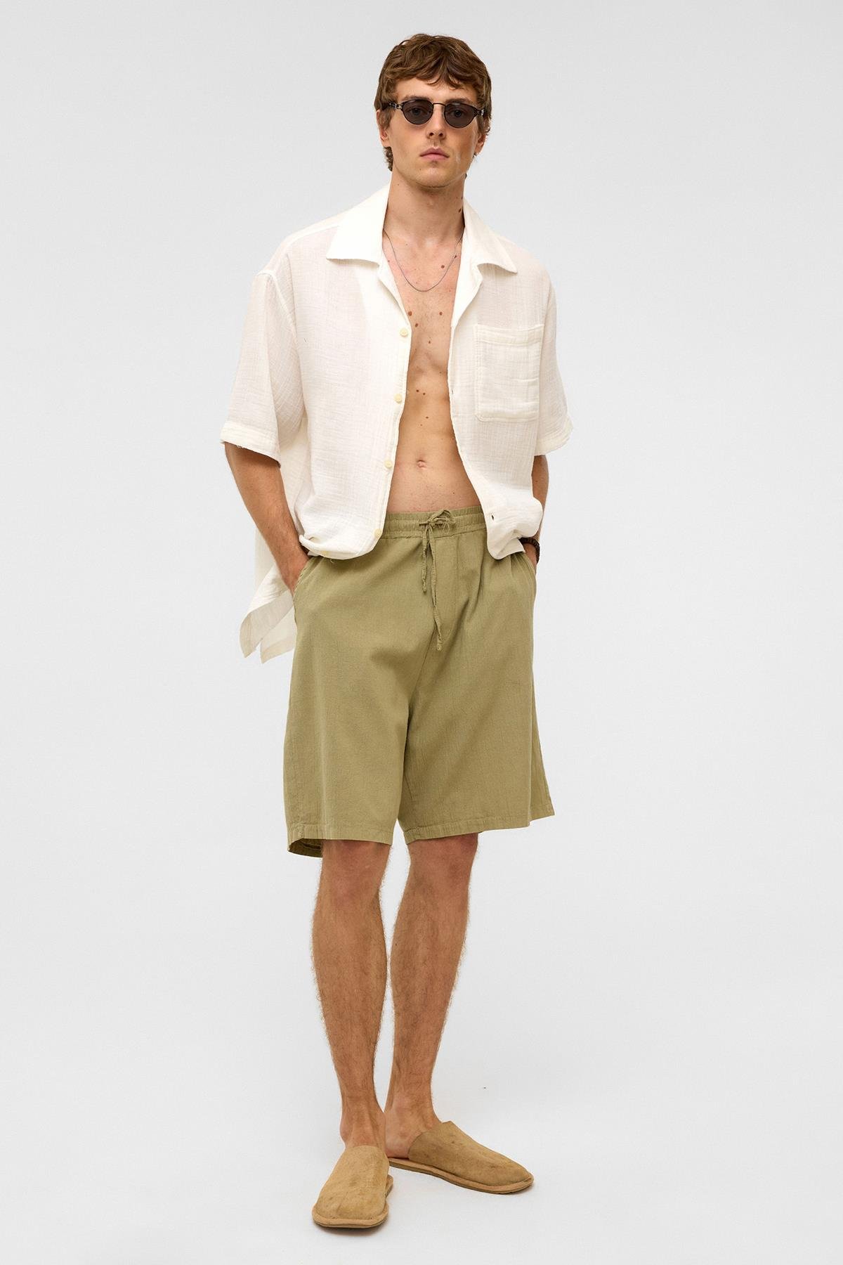 Oversize Keten Şort Haki