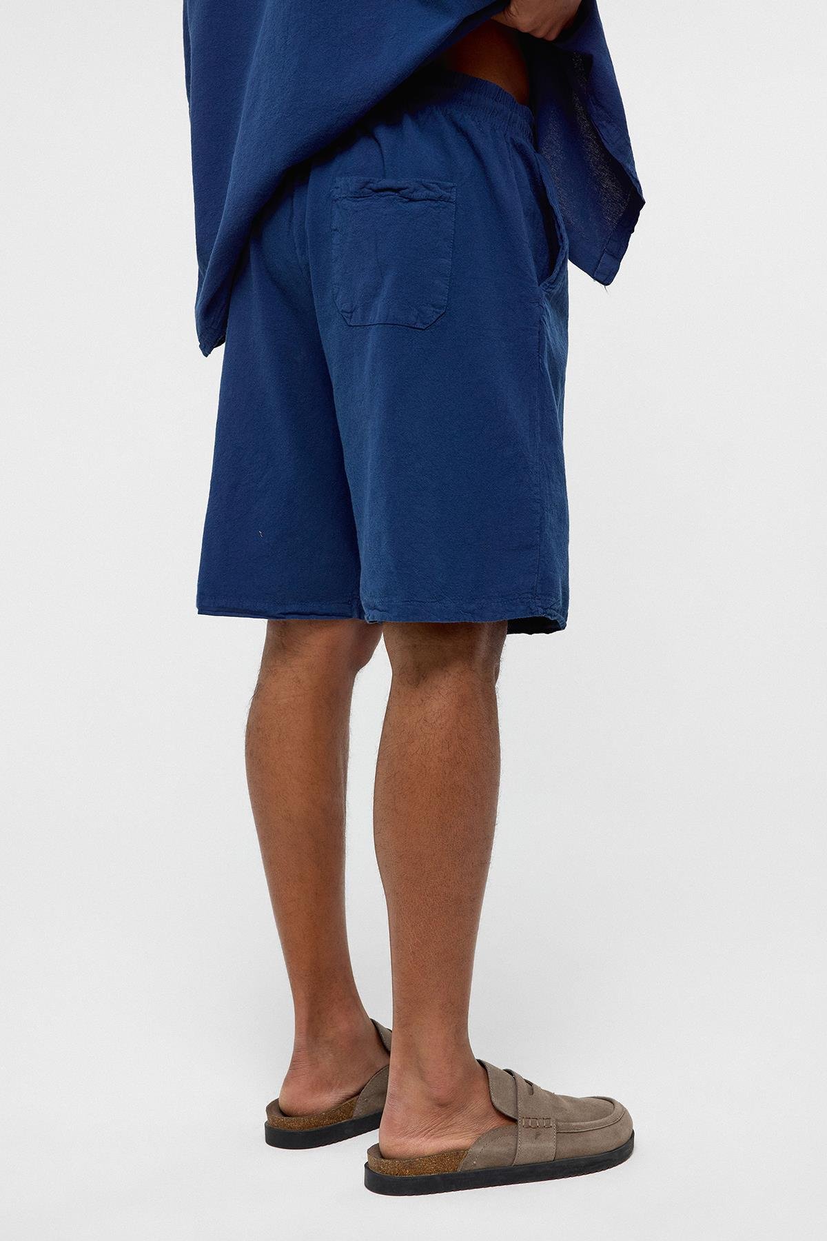 Oversize Keten Şort Lacivert