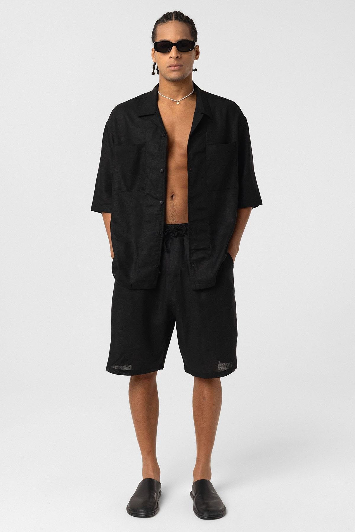 Oversize Keten Şort Siyah