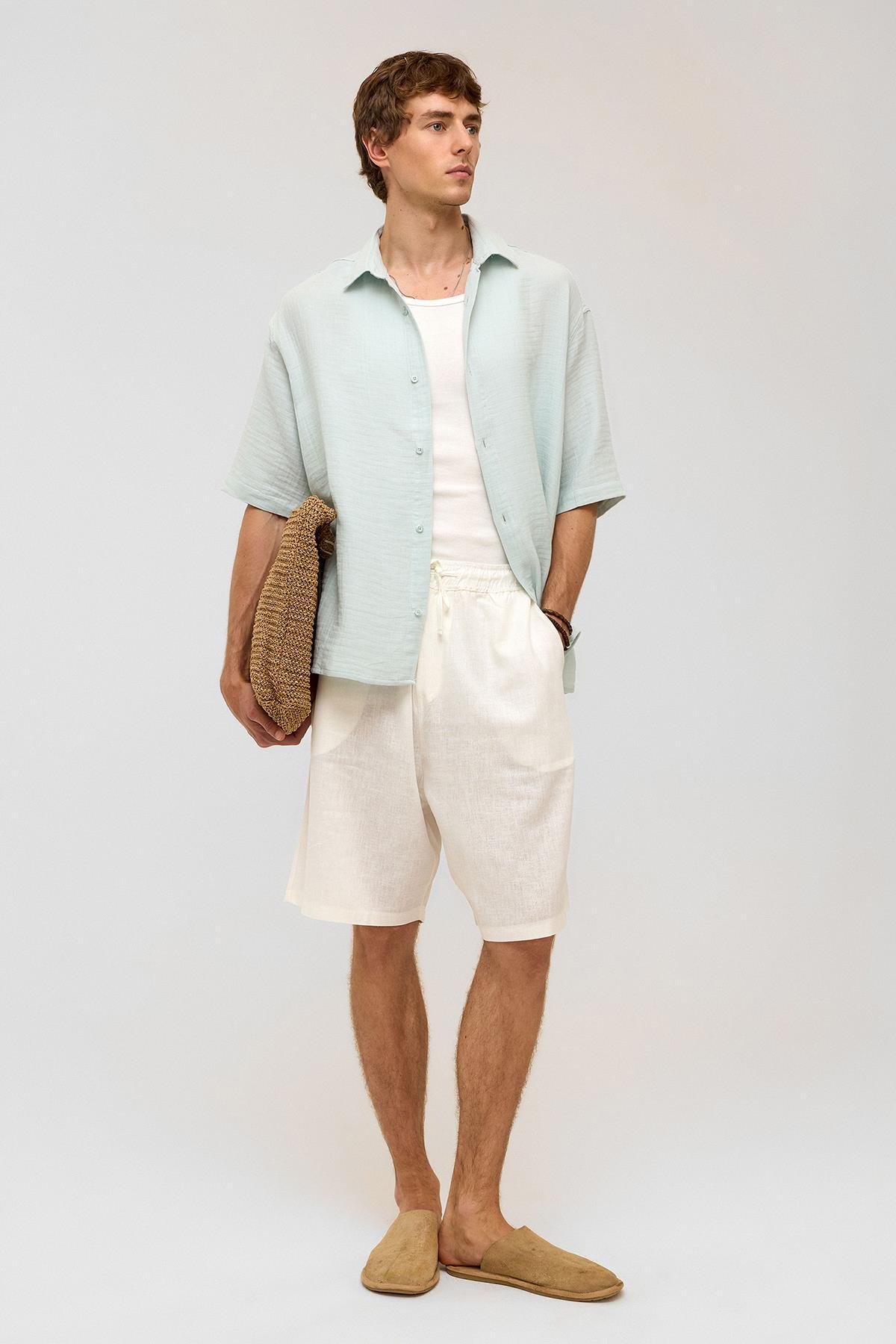 Oversize Kısa Kollıu Müslin Kumaş Gömlek Mavi