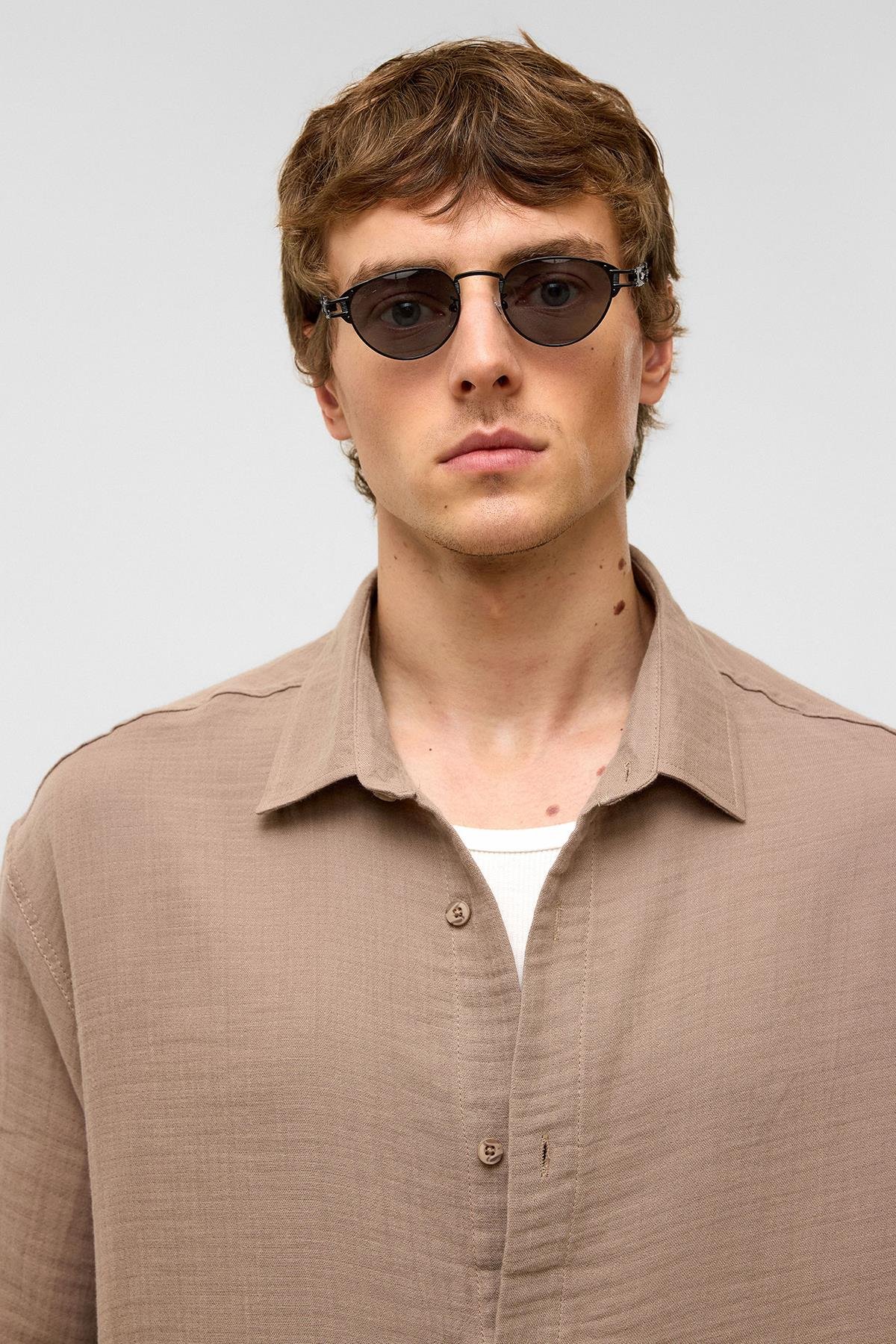 Oversize Kısa Kollıu Müslin Kumaş Gömlek Bej