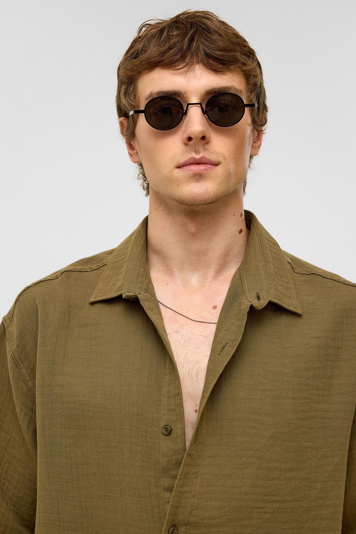 Oversize Kısa Kollıu Müslin Kumaş Gömlek Haki