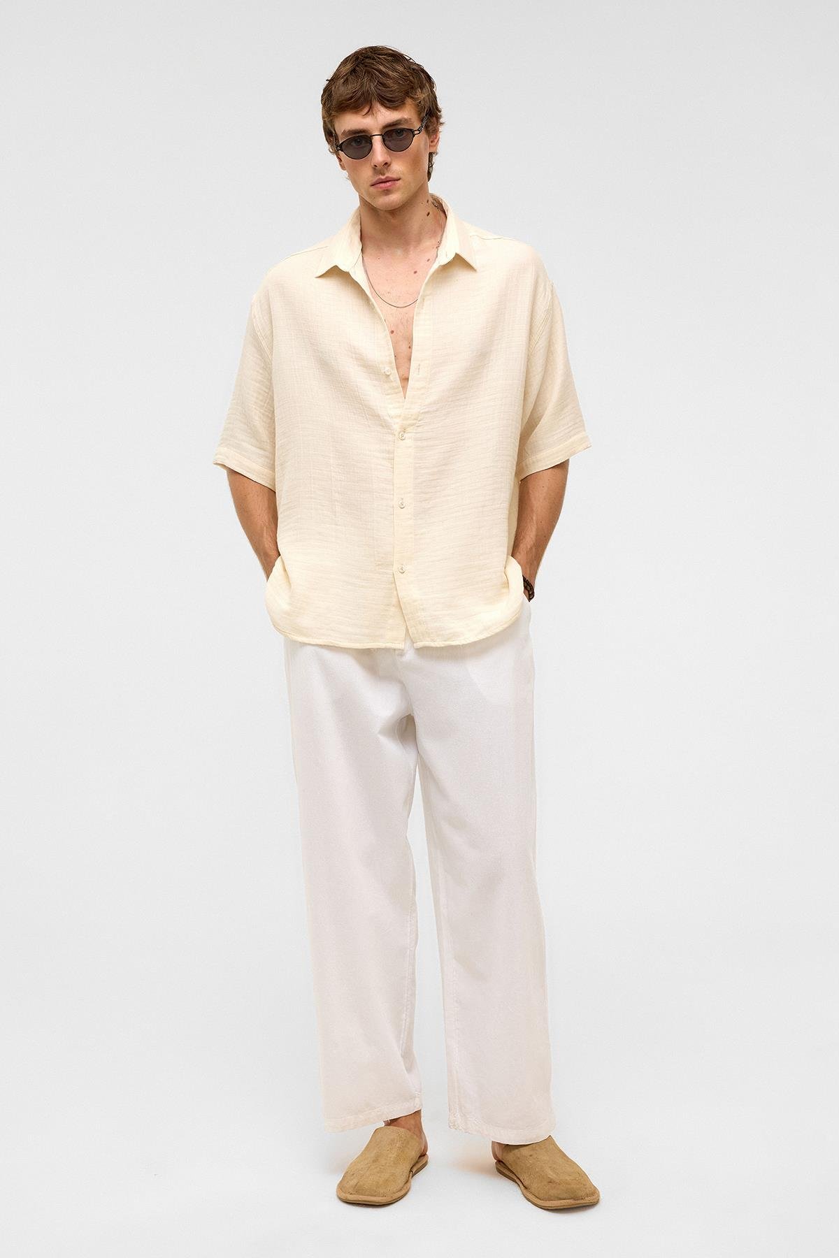 Oversize Kısa Kollıu Müslin Kumaş Gömlek Naturel