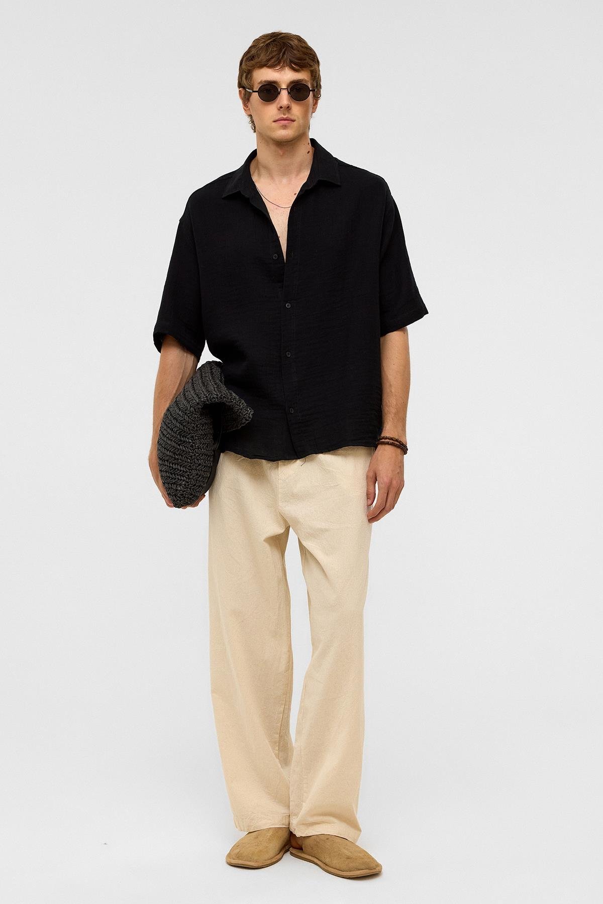 Oversize Kısa Kollıu Müslin Kumaş Gömlek Siyah