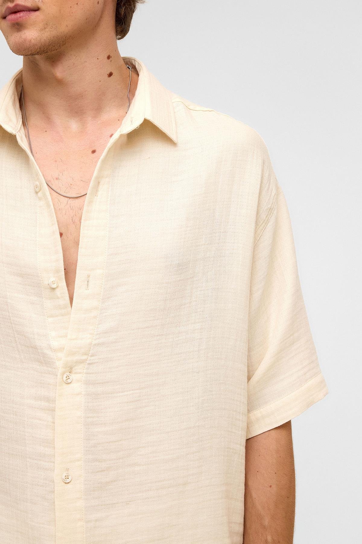 Oversize Kısa Kollıu Müslin Kumaş Gömlek Naturel