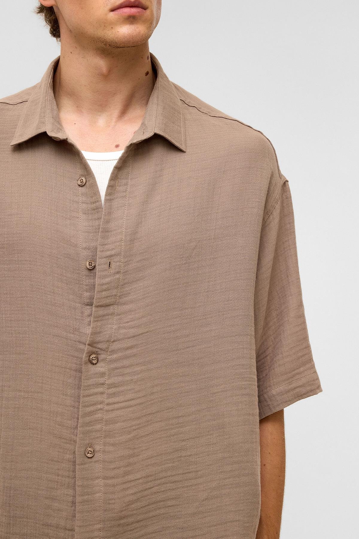 Oversize Kısa Kollıu Müslin Kumaş Gömlek Bej