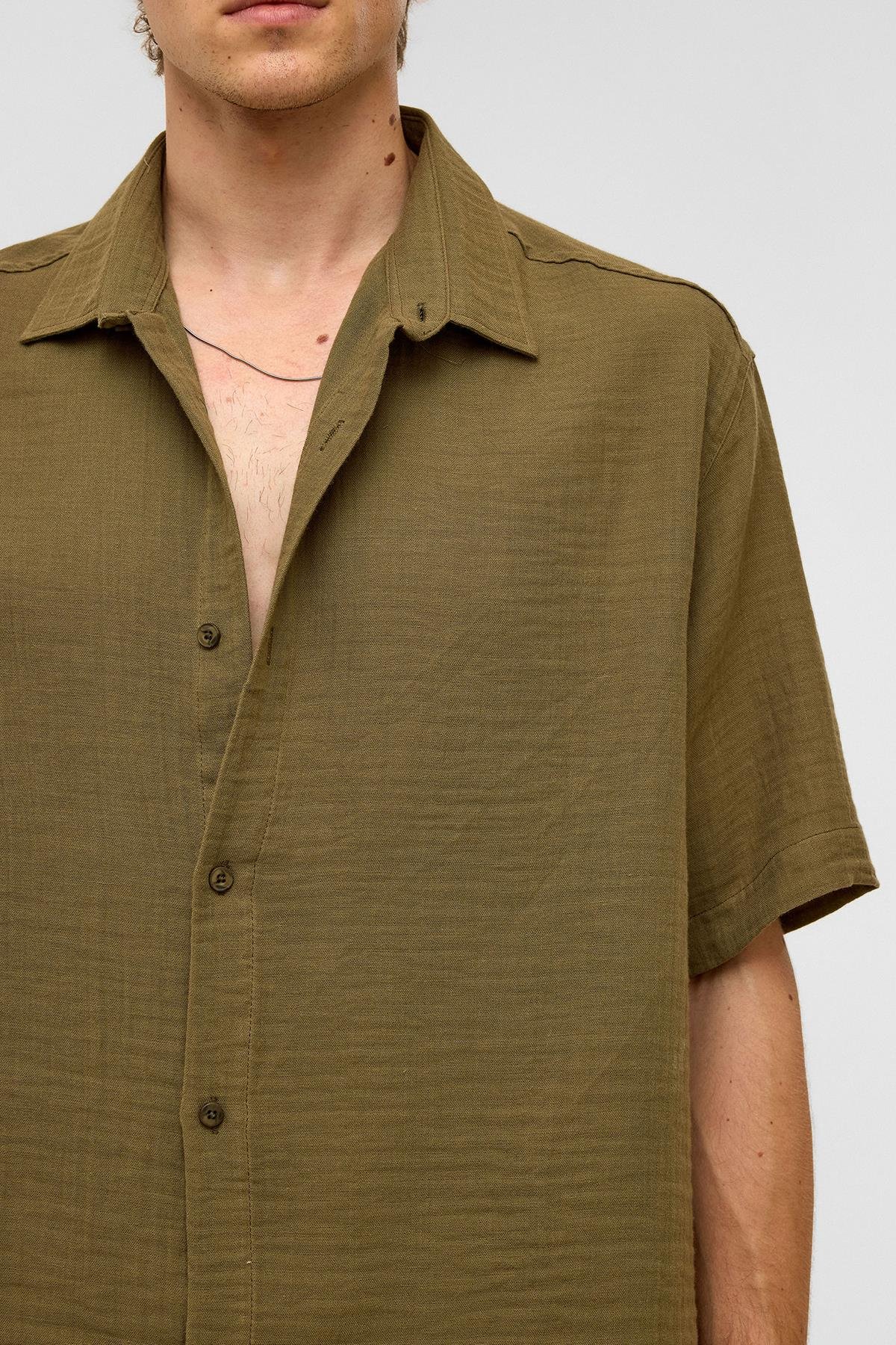 Oversize Kısa Kollıu Müslin Kumaş Gömlek Haki