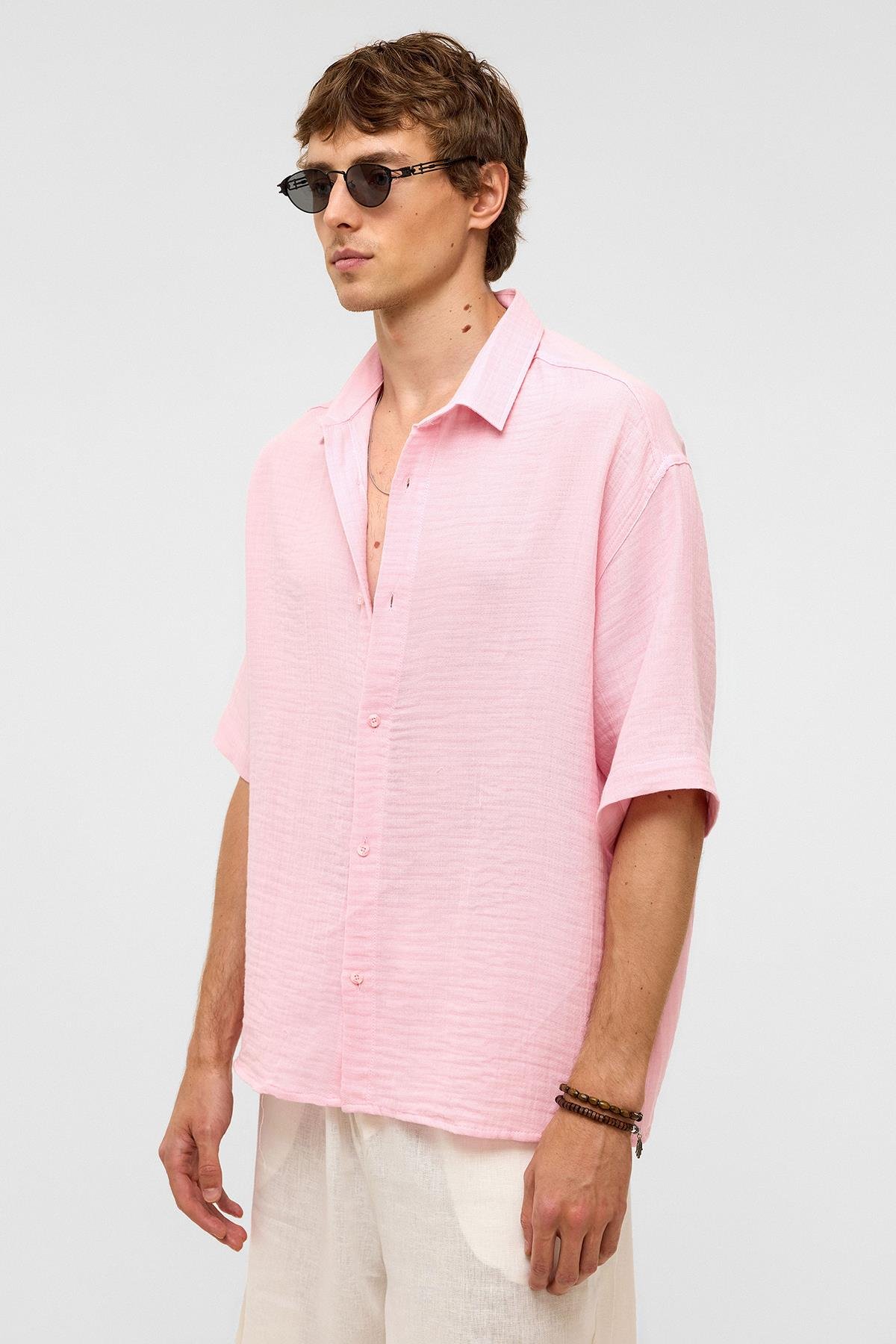 Oversize Kısa Kollıu Müslin Kumaş Gömlek Pembe
