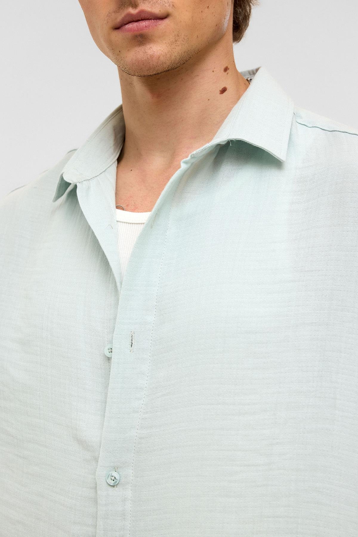 Oversize Kısa Kollıu Müslin Kumaş Gömlek Mavi