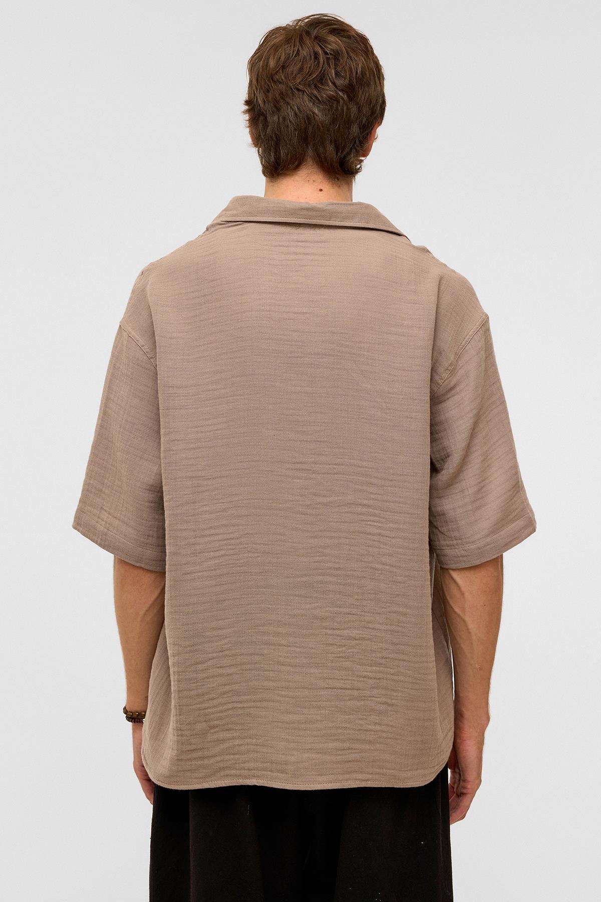 Oversize Kısa Kollıu Müslin Kumaş Gömlek Bej