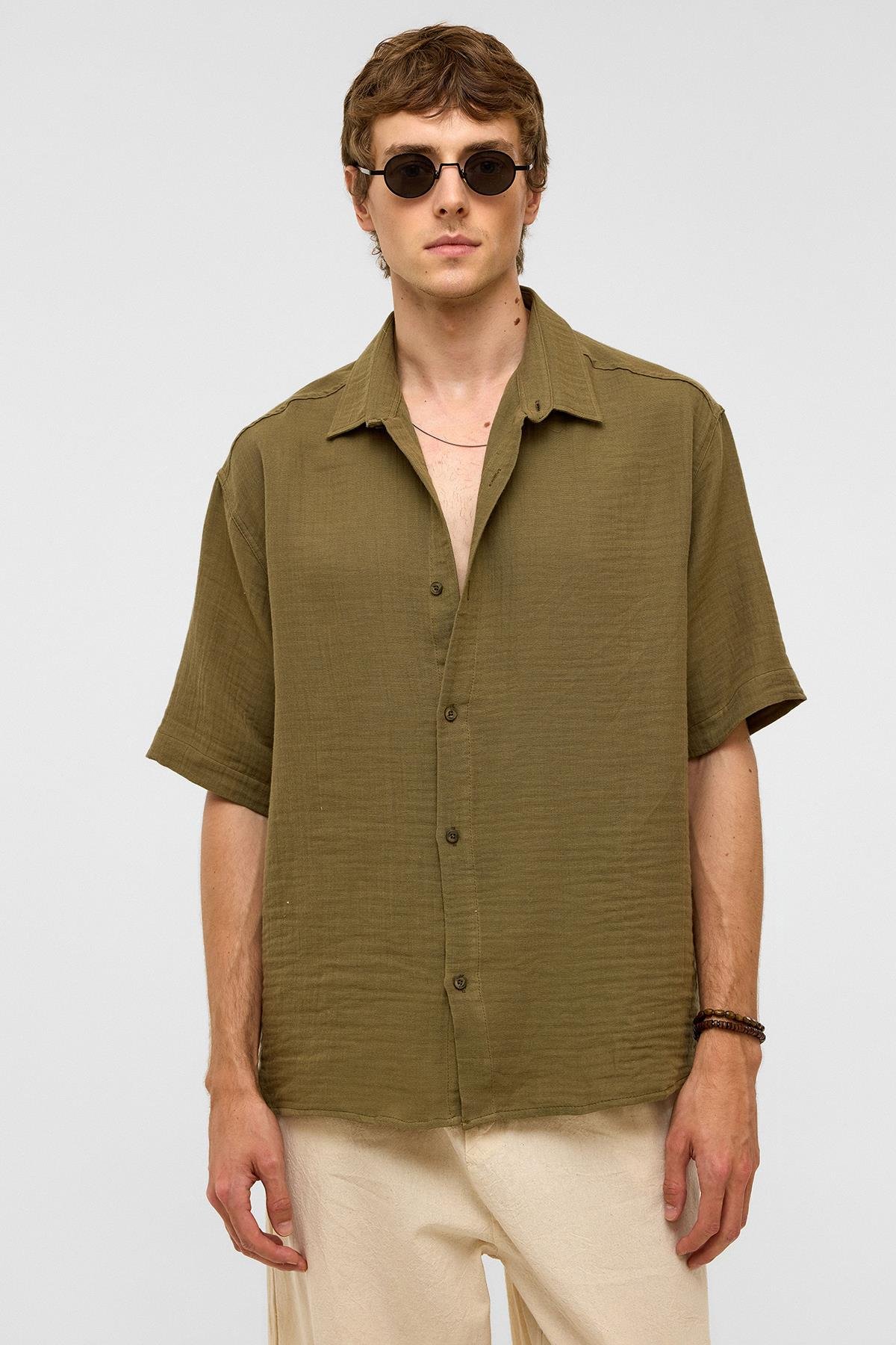 Oversize Kısa Kollıu Müslin Kumaş Gömlek Haki