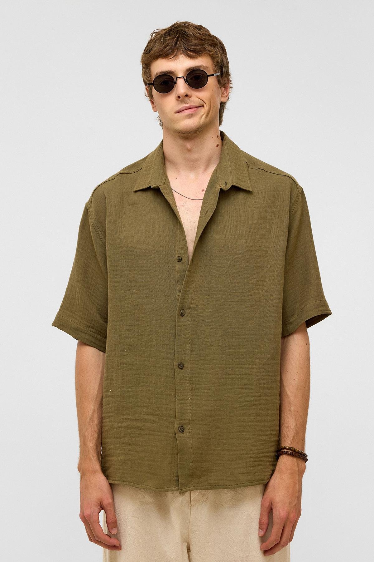 Oversize Kısa Kollıu Müslin Kumaş Gömlek Haki