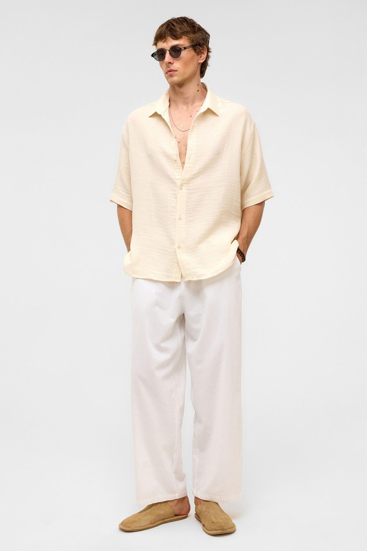 Oversize Kısa Kollıu Müslin Kumaş Gömlek Naturel