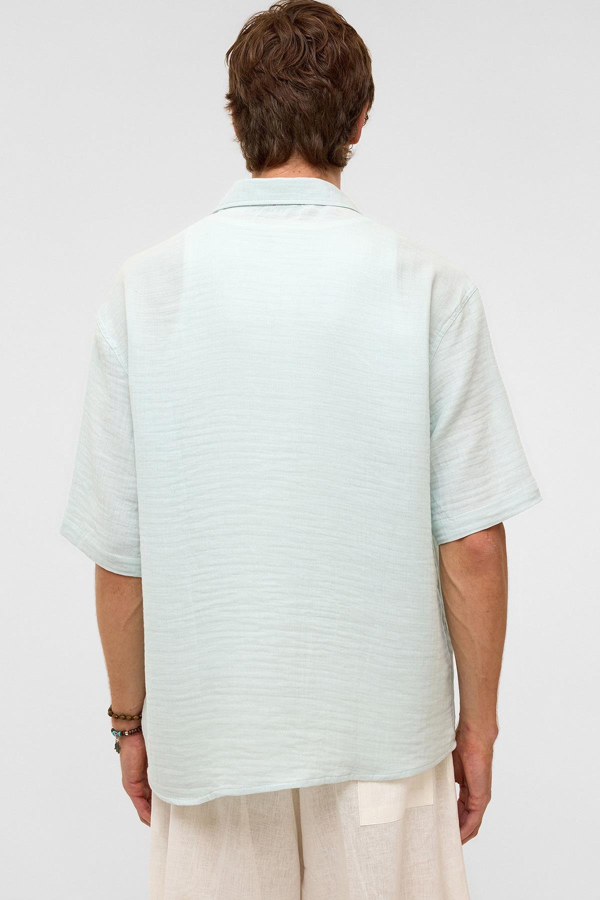 Oversize Kısa Kollıu Müslin Kumaş Gömlek Mavi