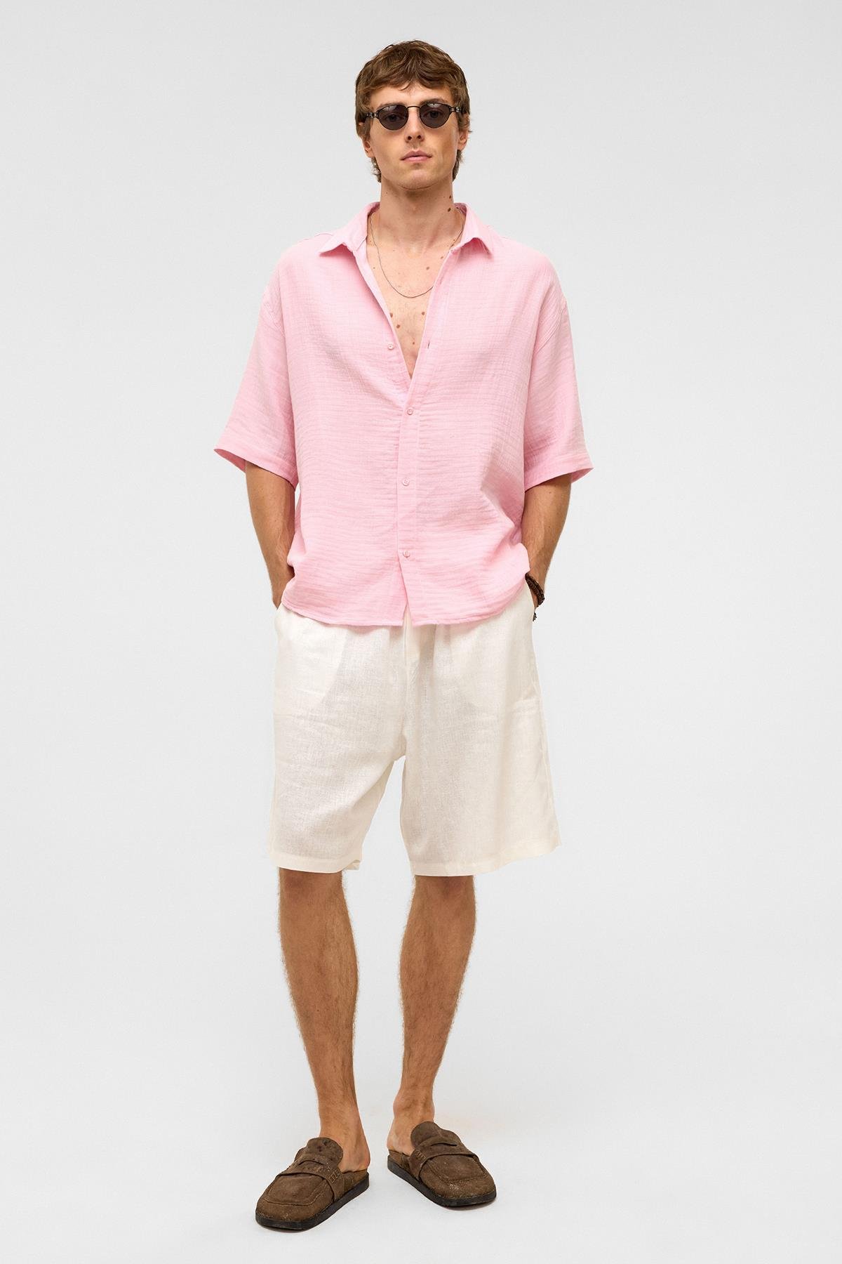 Oversize Kısa Kollıu Müslin Kumaş Gömlek Pembe