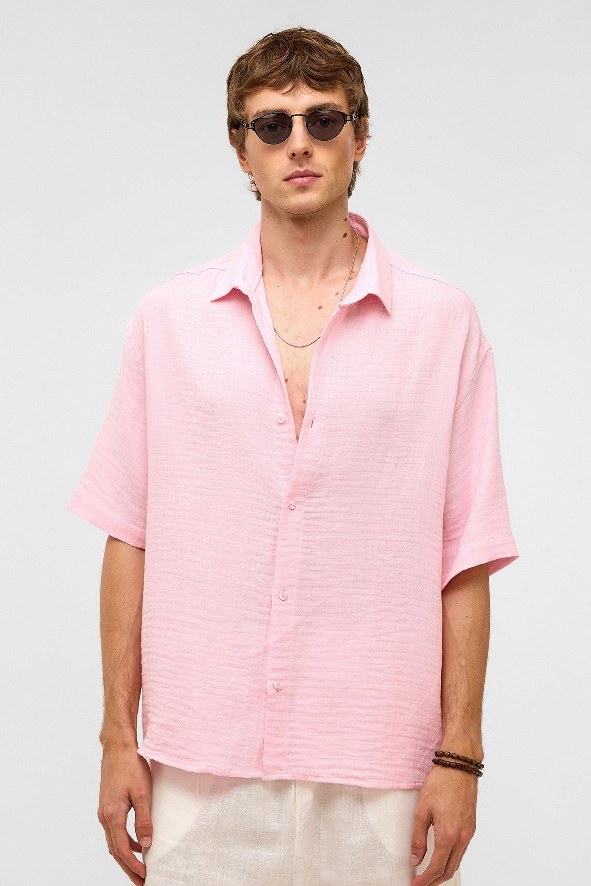 Oversize Kısa Kollıu Müslin Kumaş Gömlek Pembe