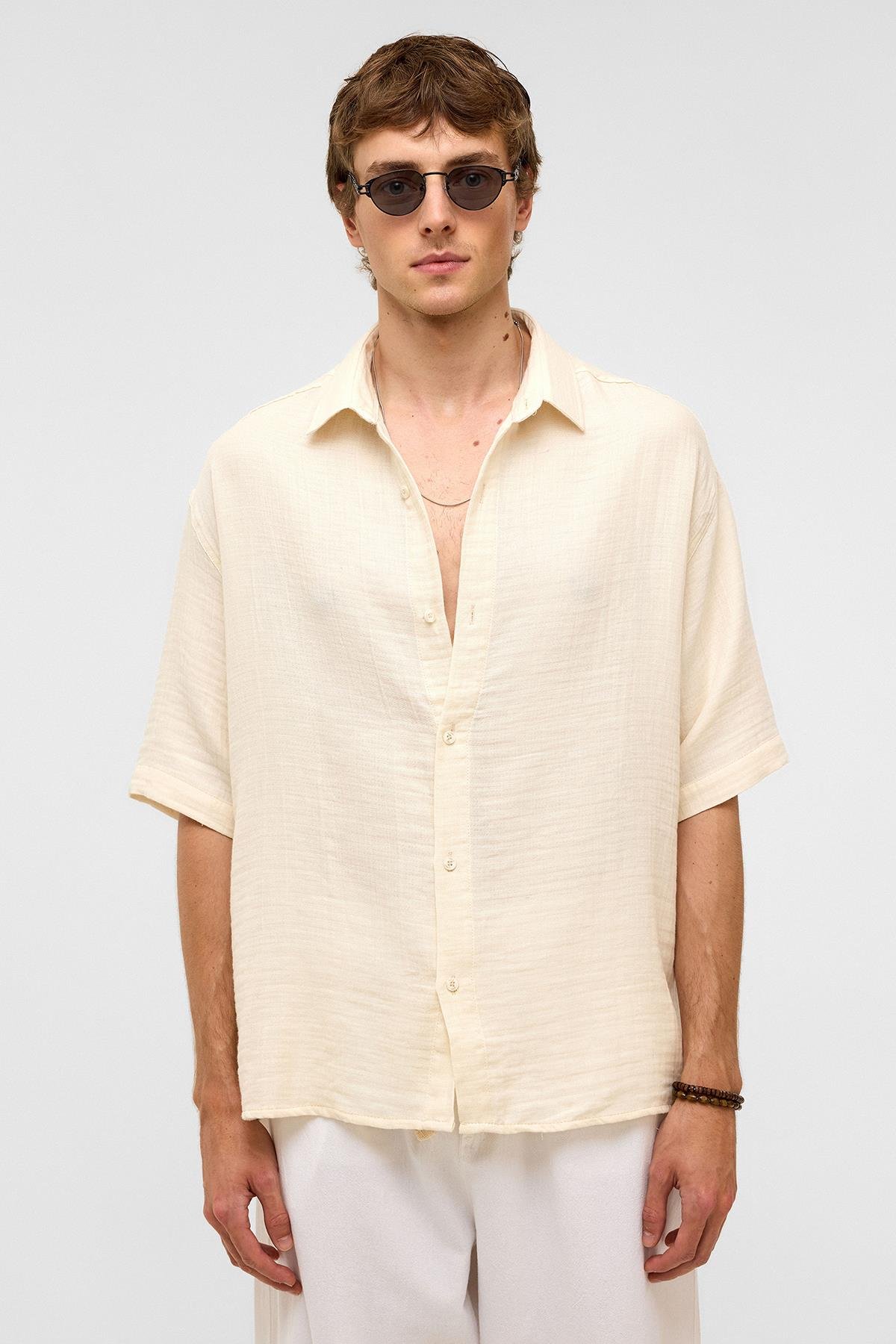 Oversize Kısa Kollıu Müslin Kumaş Gömlek Naturel
