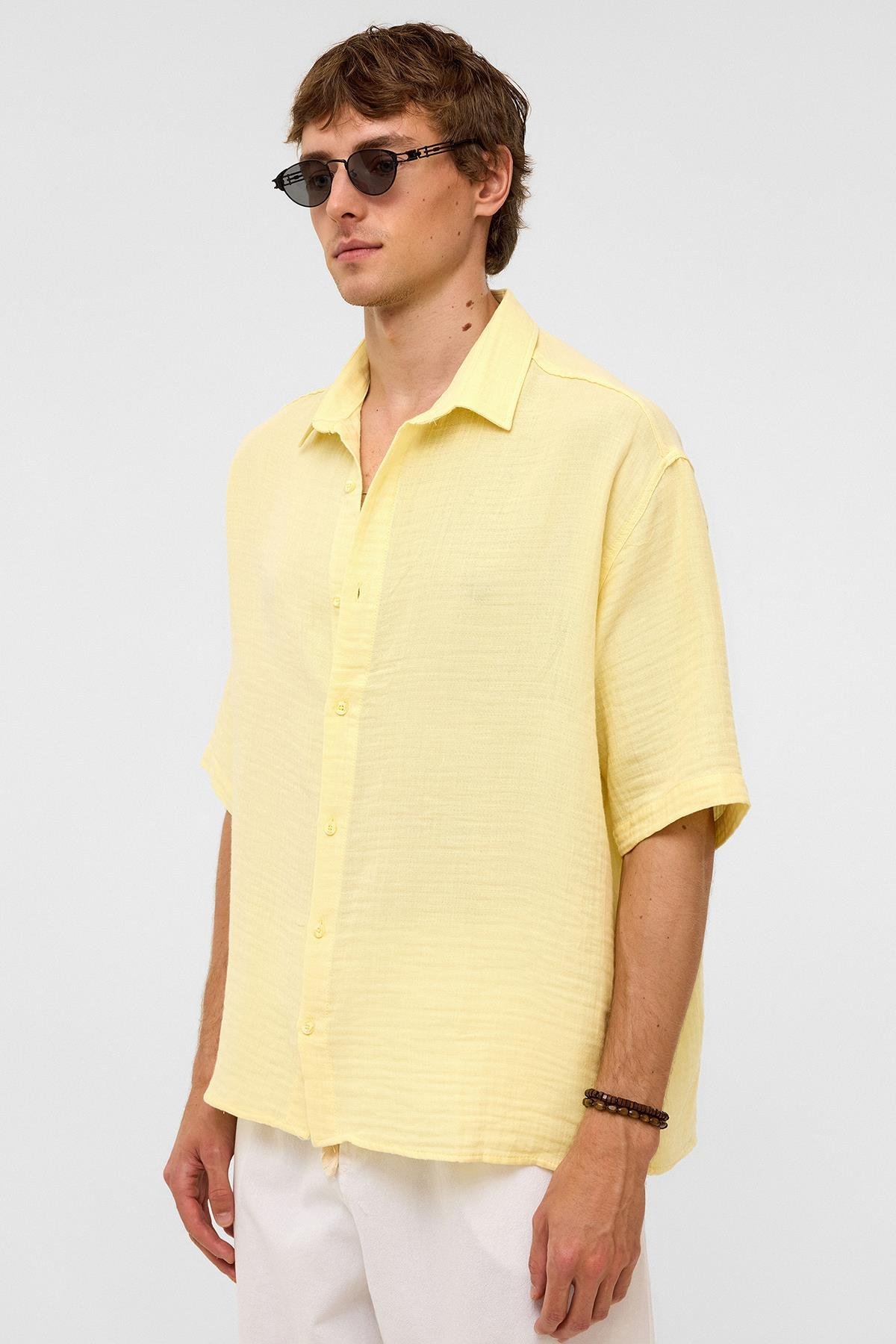 Oversize Kısa Kollıu Müslin Kumaş Gömlek Sarı