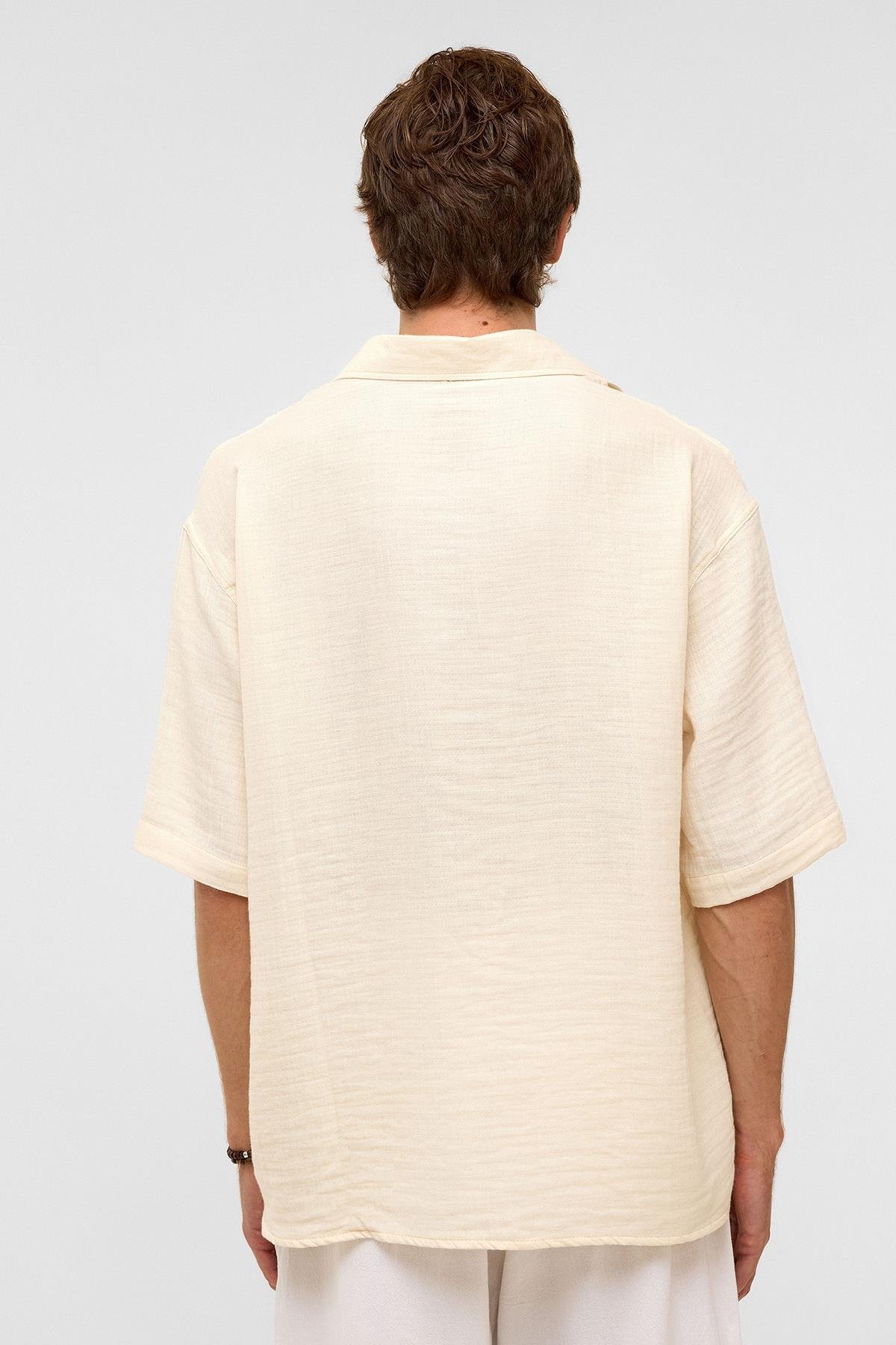 Oversize Kısa Kollıu Müslin Kumaş Gömlek Naturel