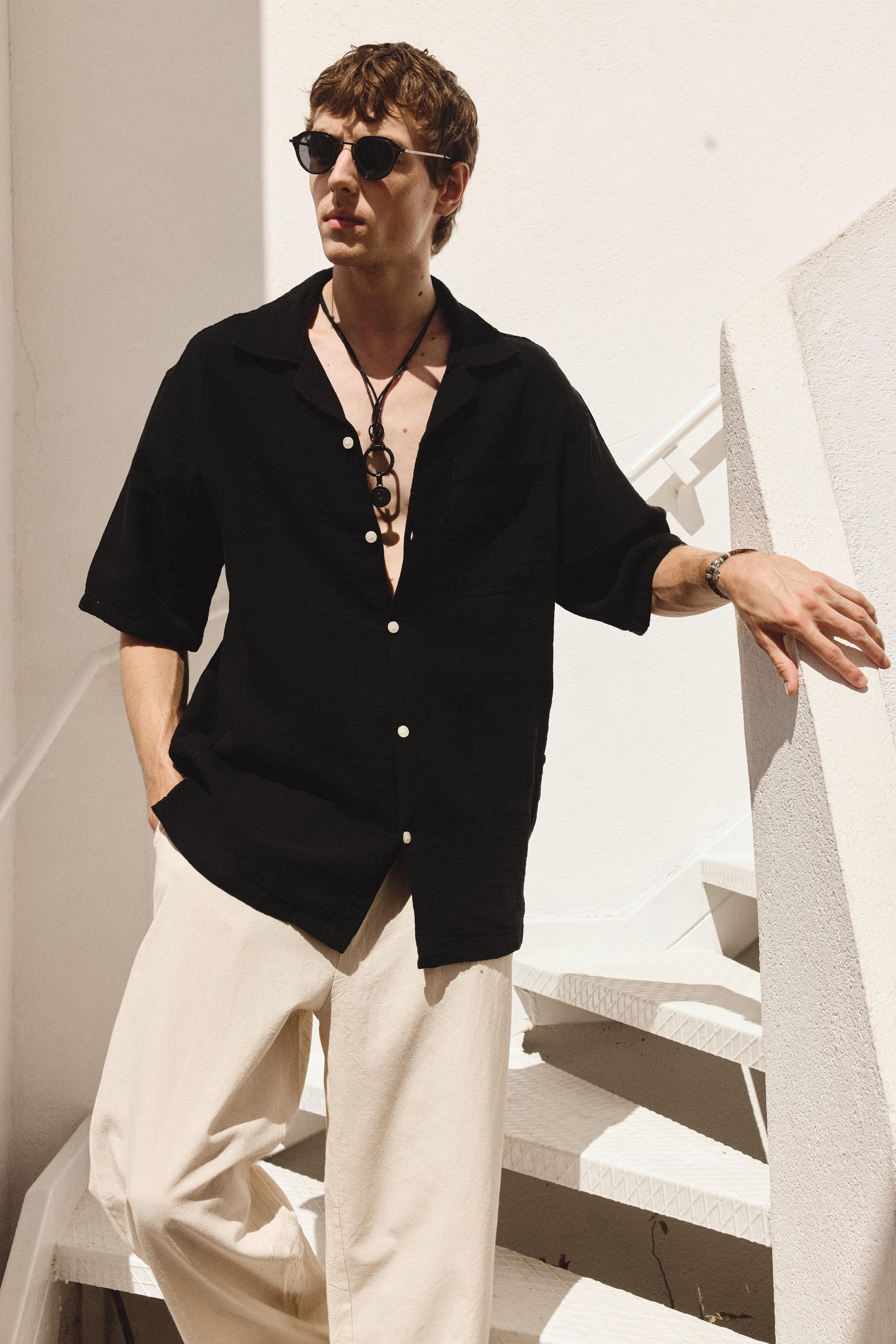 Oversize Kısa Kollıu Müslin Kumaş Gömlek Siyah